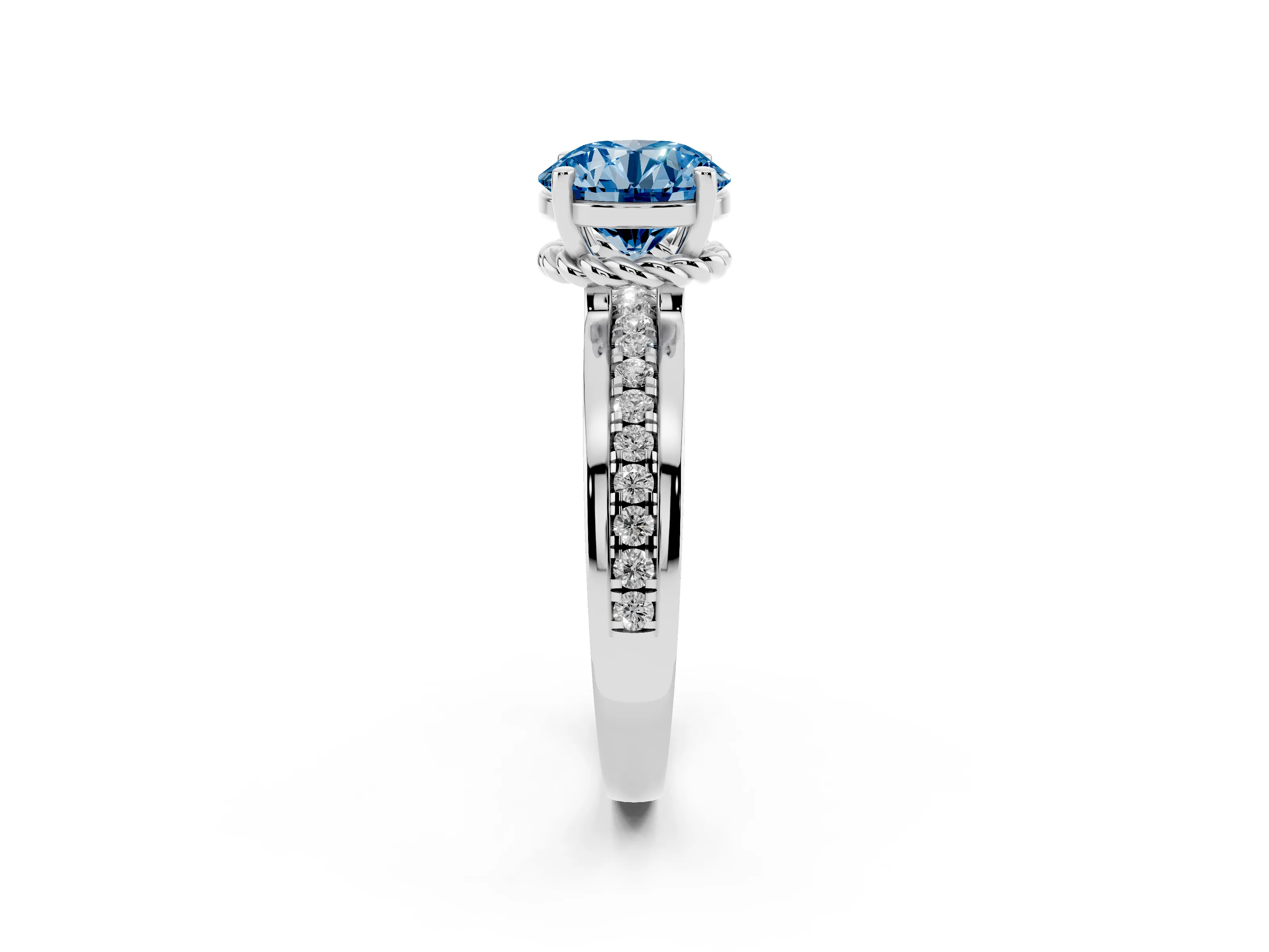 Fancy Blue Round Cut Diamond Solitaire Ring Set in Platinum with Channel Set Band and Prong Setting