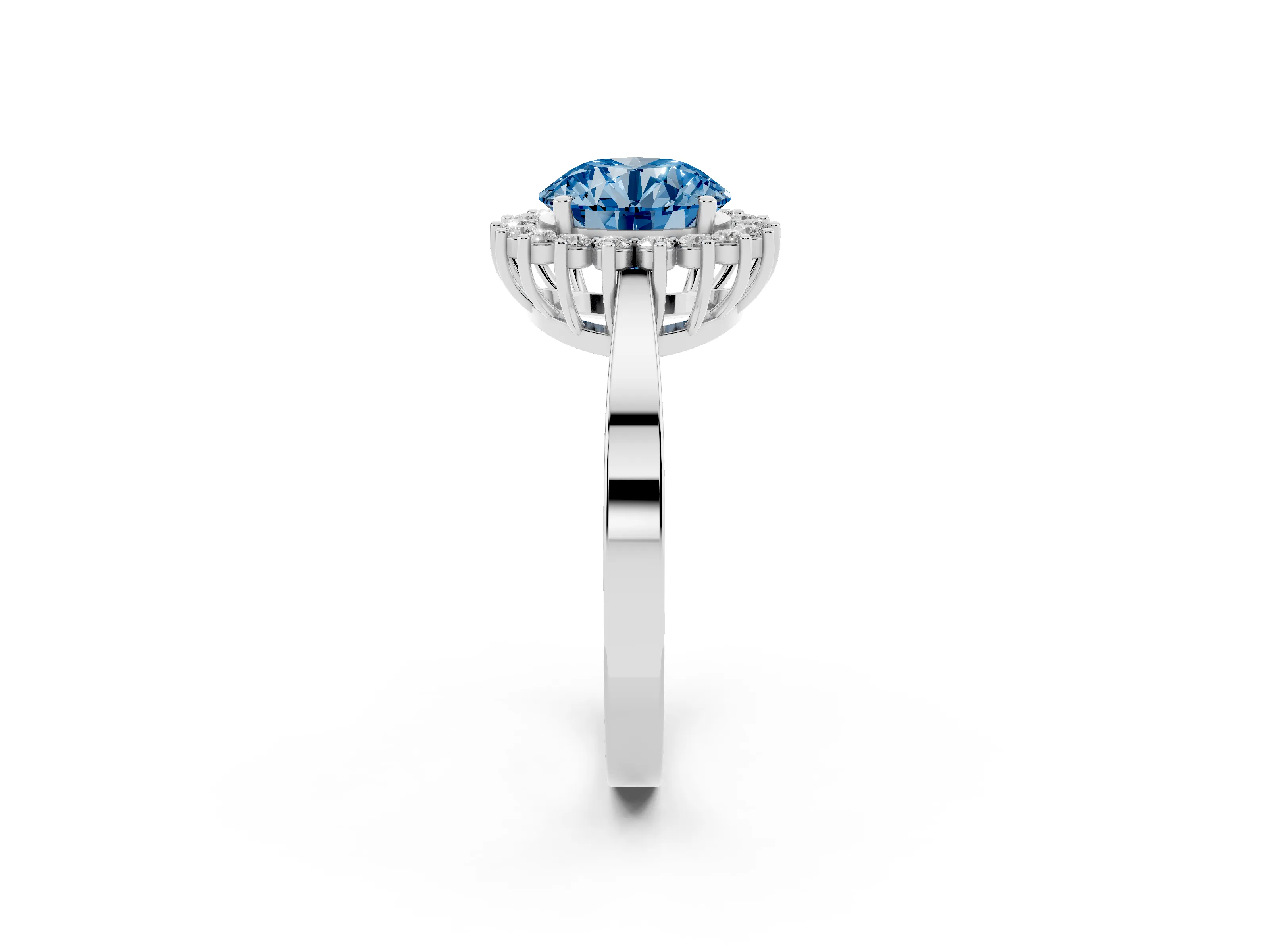 Fancy Blue Round Cut Diamond Halo Ring Set in Platinum with Round Halo and Smooth Solitaire Band