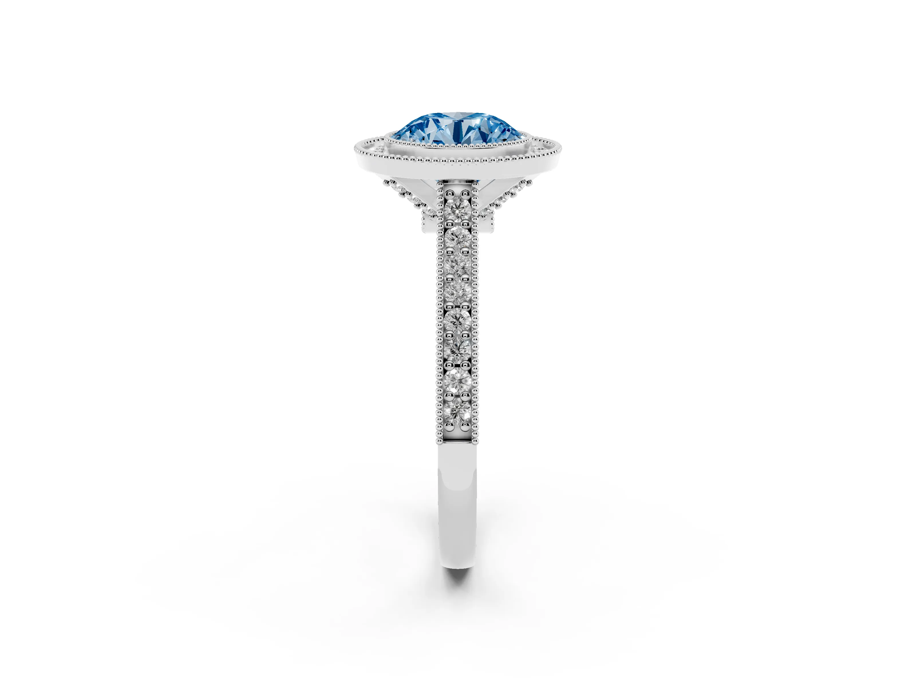 Fancy Blue Round Cut Diamond Halo Milgrain Pavé Band Ring Set in Platinum with Prong Setting
