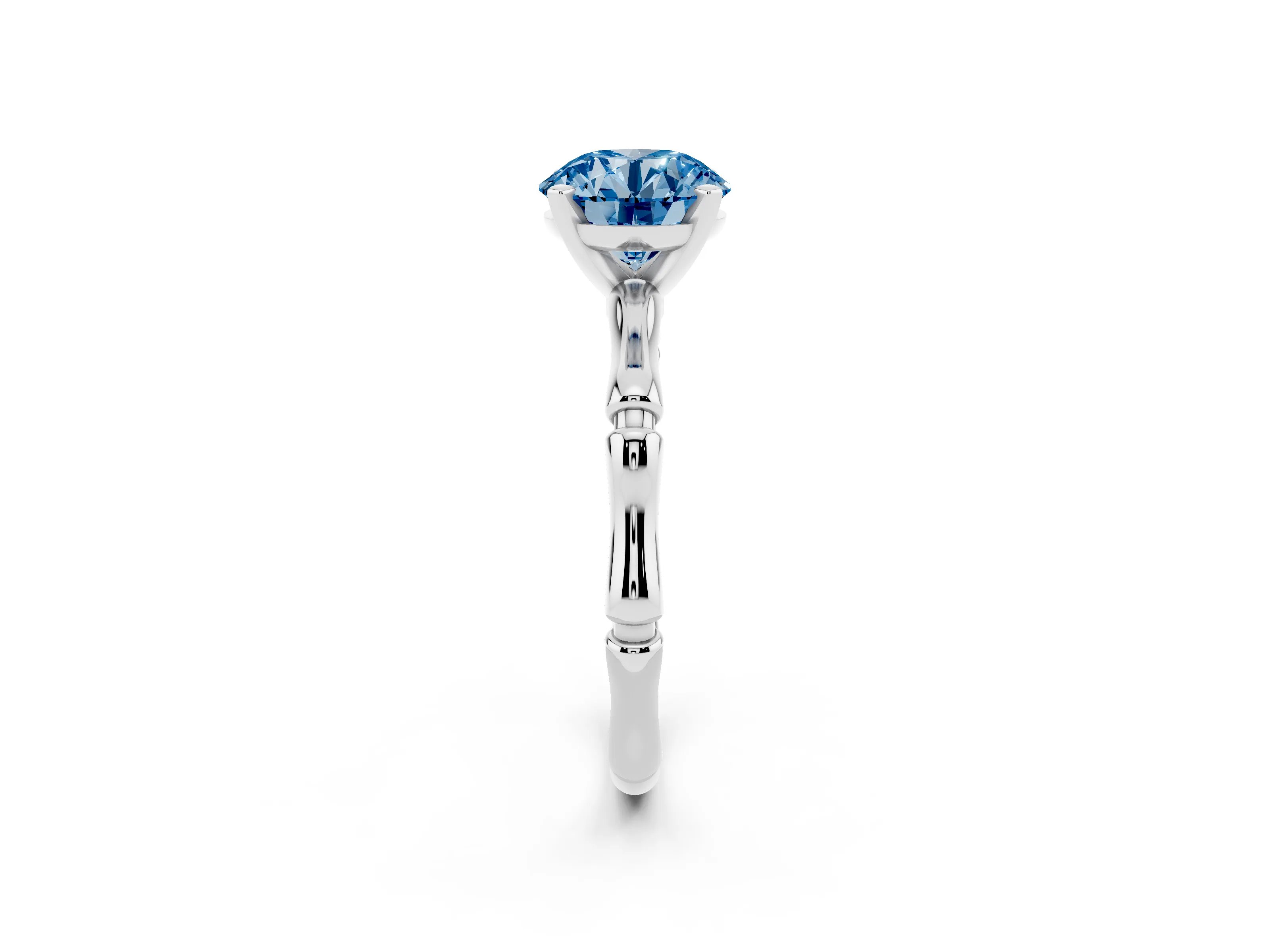Fancy Blue Round Cut Diamond Solitaire Ring Set in Silver with Bamboo Band and Prong Setting