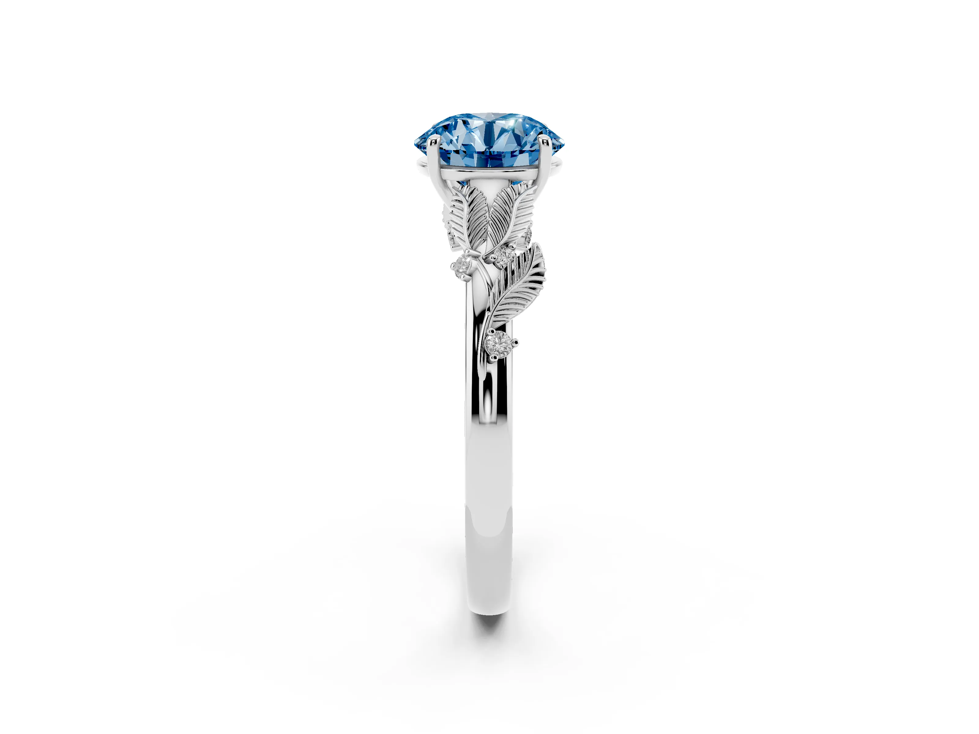 Fancy Blue Round Cut Diamond Solitaire Ring Set in White gold with Leaf Motif Band