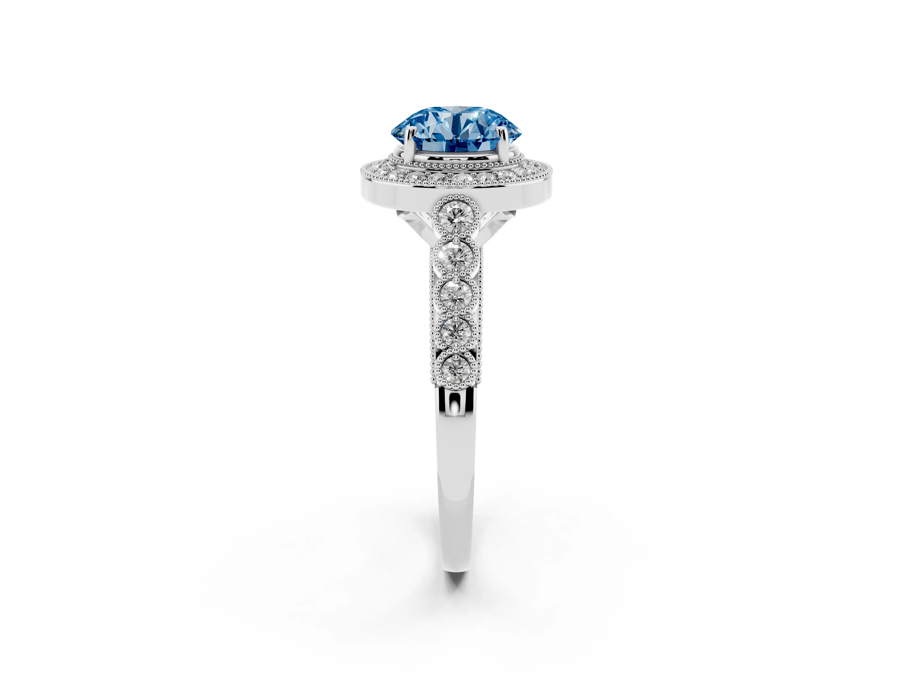 Fancy Blue Round Cut Diamond Milgrain Halo Solitaire Ring Set in White gold with Bezel Set Side Stones and Pavé Band