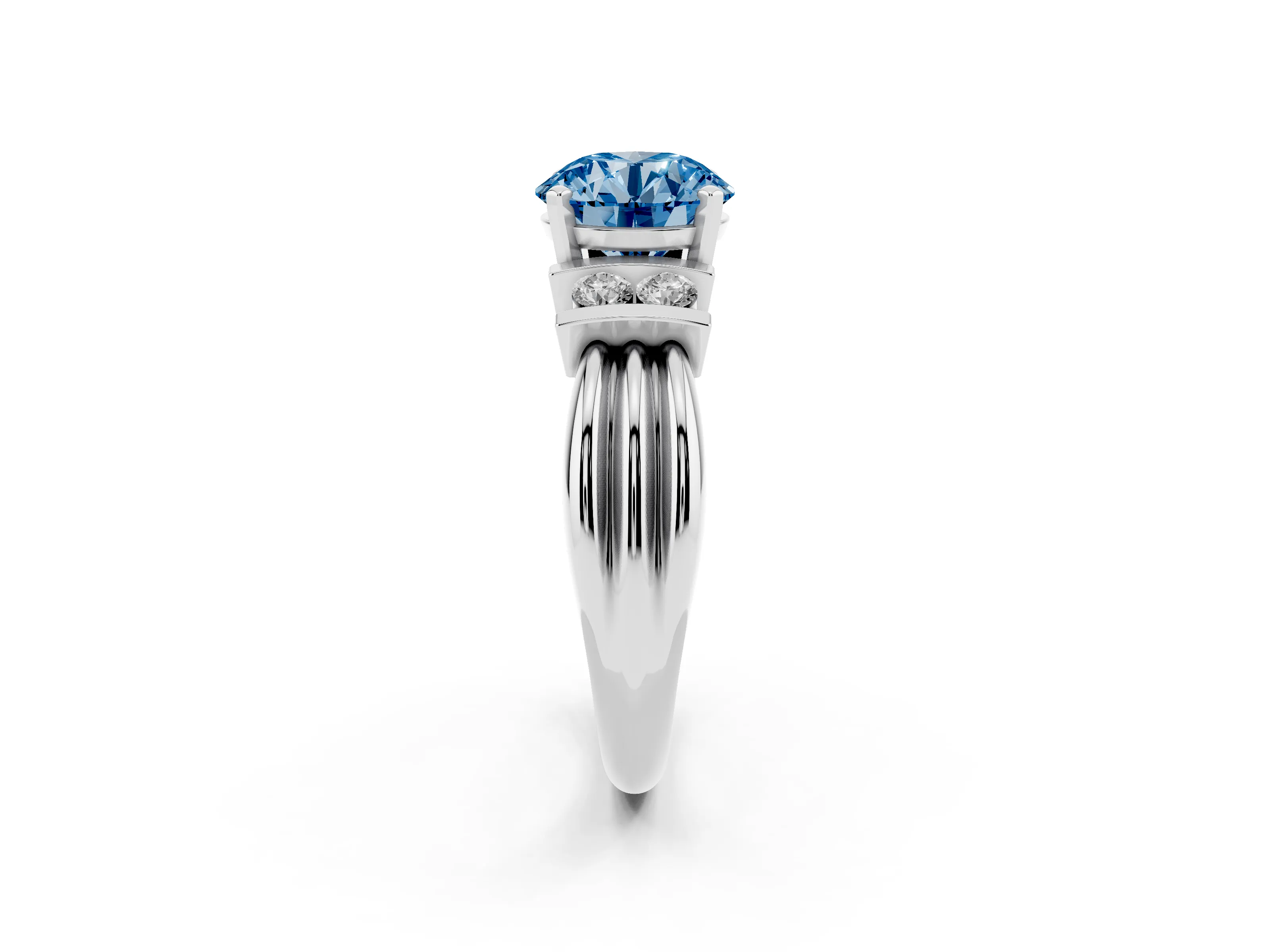 Fancy Blue Three-Stone Round Cut Diamond Channel Set Ring Set in White gold with Bar Prongs