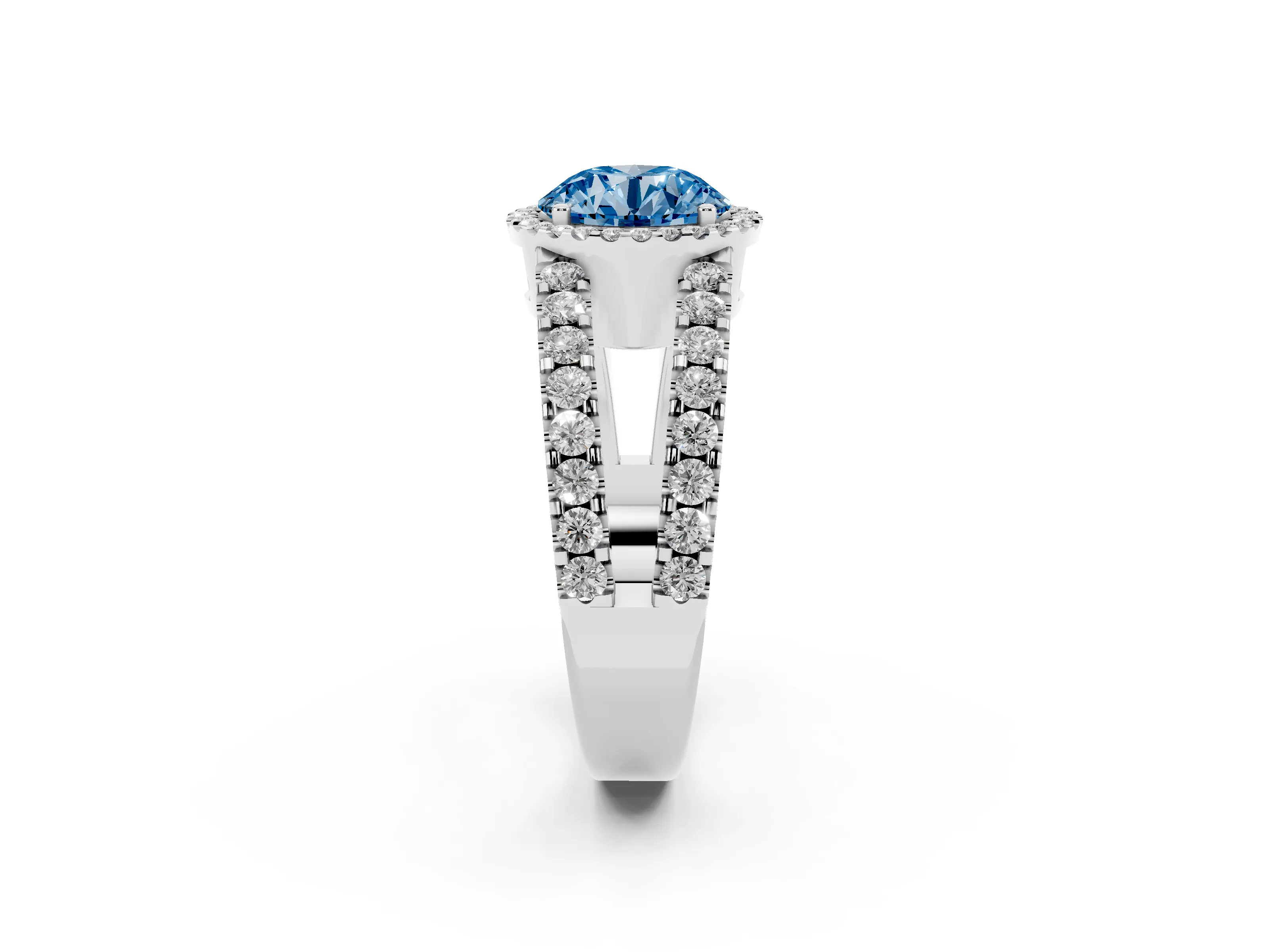 Fancy Blue Round Cut Diamond Halo Ring Set in Silver with Pavé Split Shank and Prong Setting