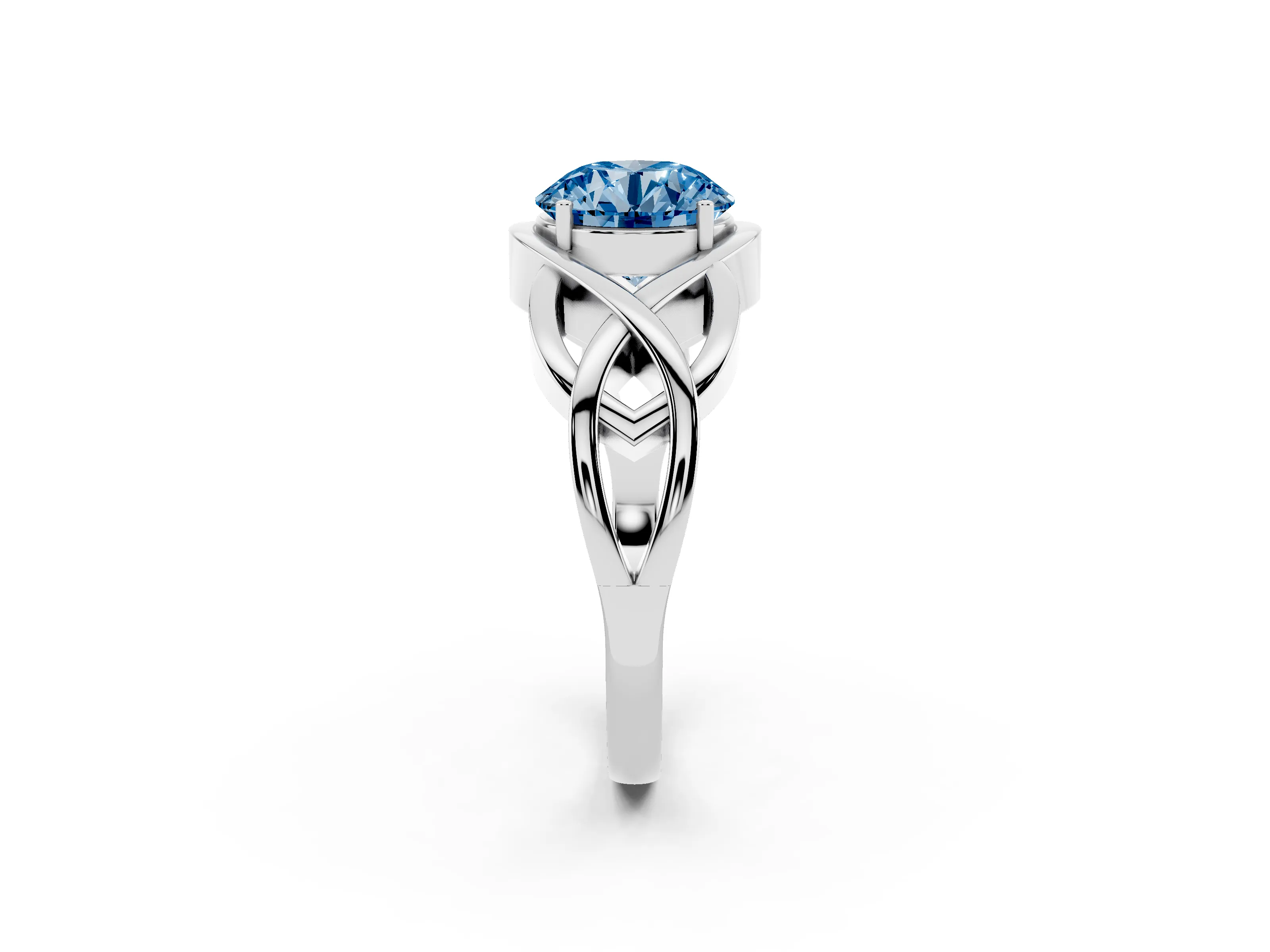 Fancy Blue Round Cut Diamond Solitaire Ring Set in Silver with Intertwined Band