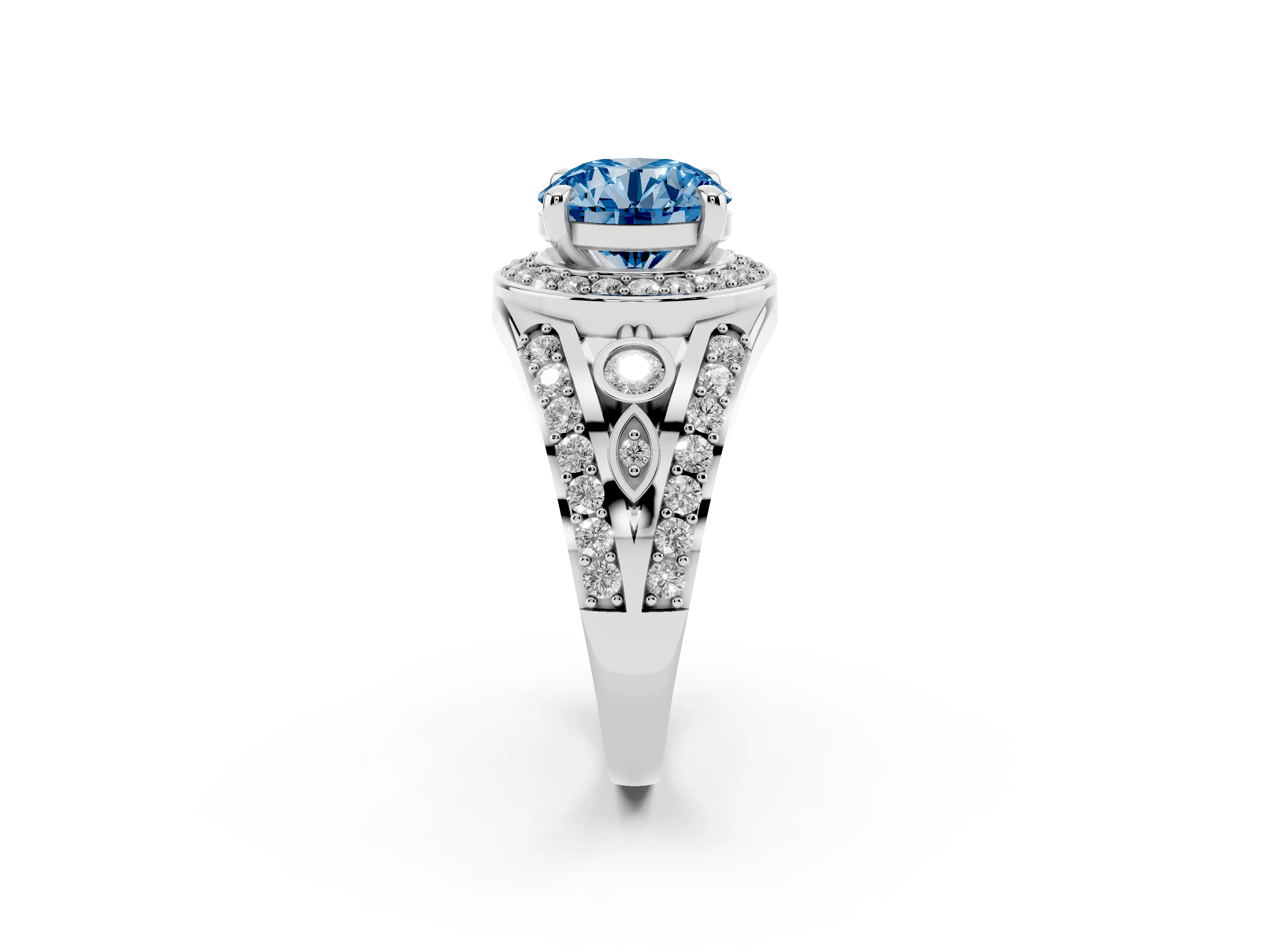 Fancy Blue Round Cut Diamond Halo Ring Set in Platinum with Pavé Split Shank and Bezel Accents