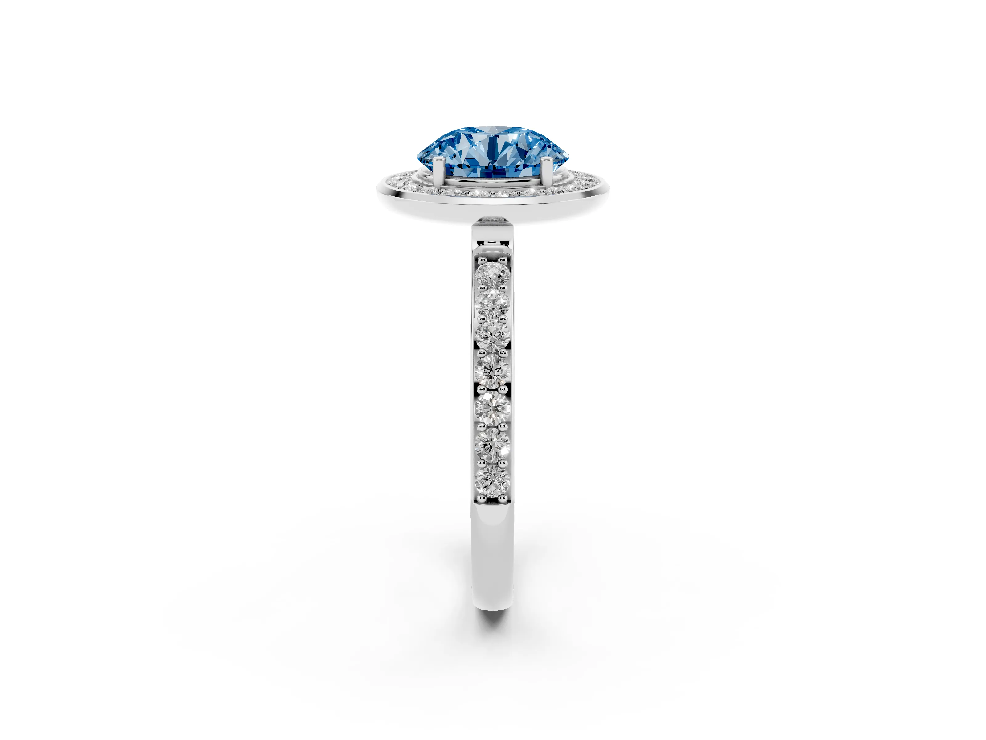 Fancy Blue Round Cut Diamond Halo Ring Set in White gold with Bezel Frame and Pavé Band