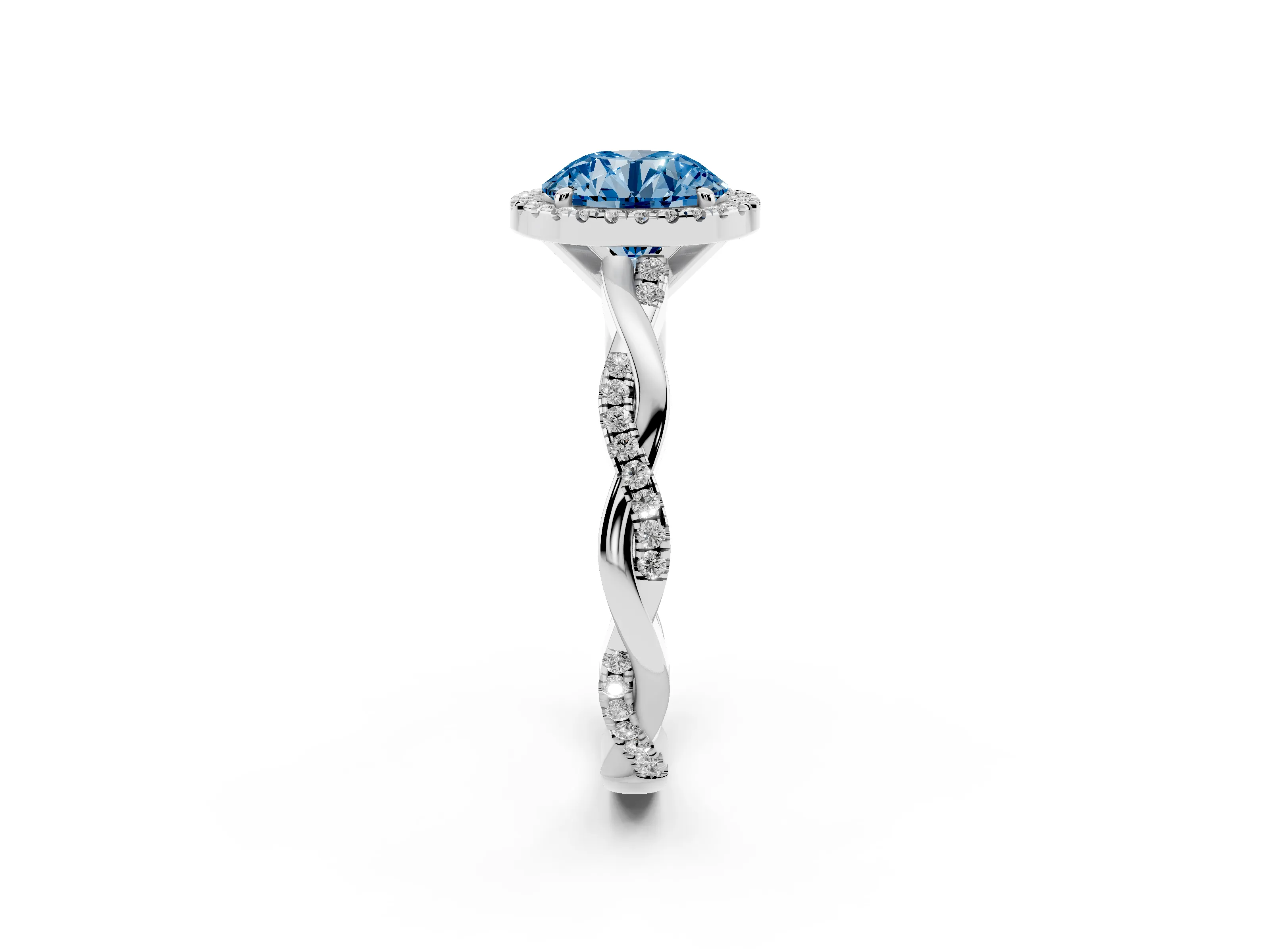 Fancy Blue Round Cut Diamond Halo Twisted Band Ring Set in White gold with Prong Setting