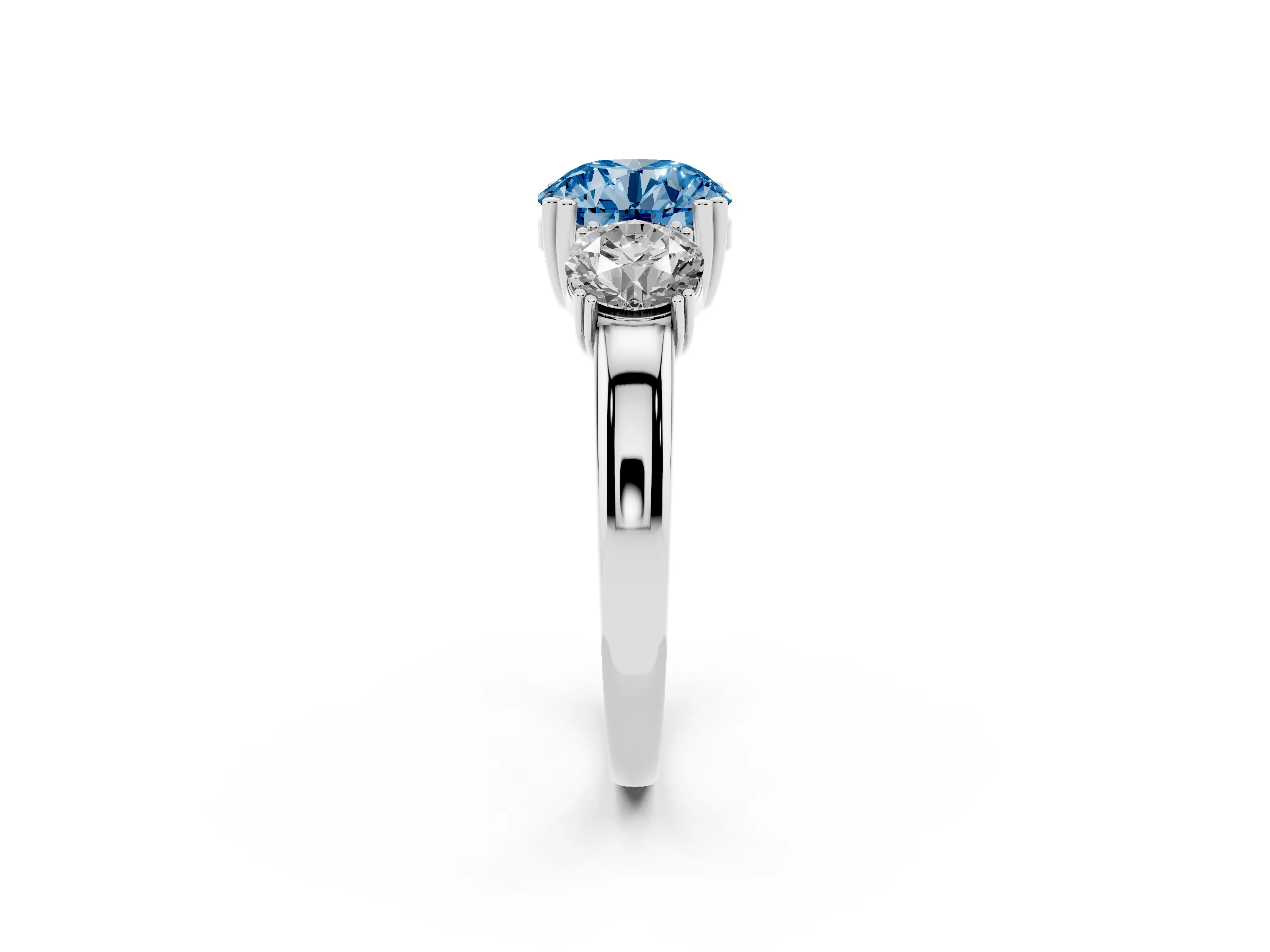 Fancy Blue Round Cut Diamond Three-Stone Ring Set in White gold with Polished Channel-Set Band