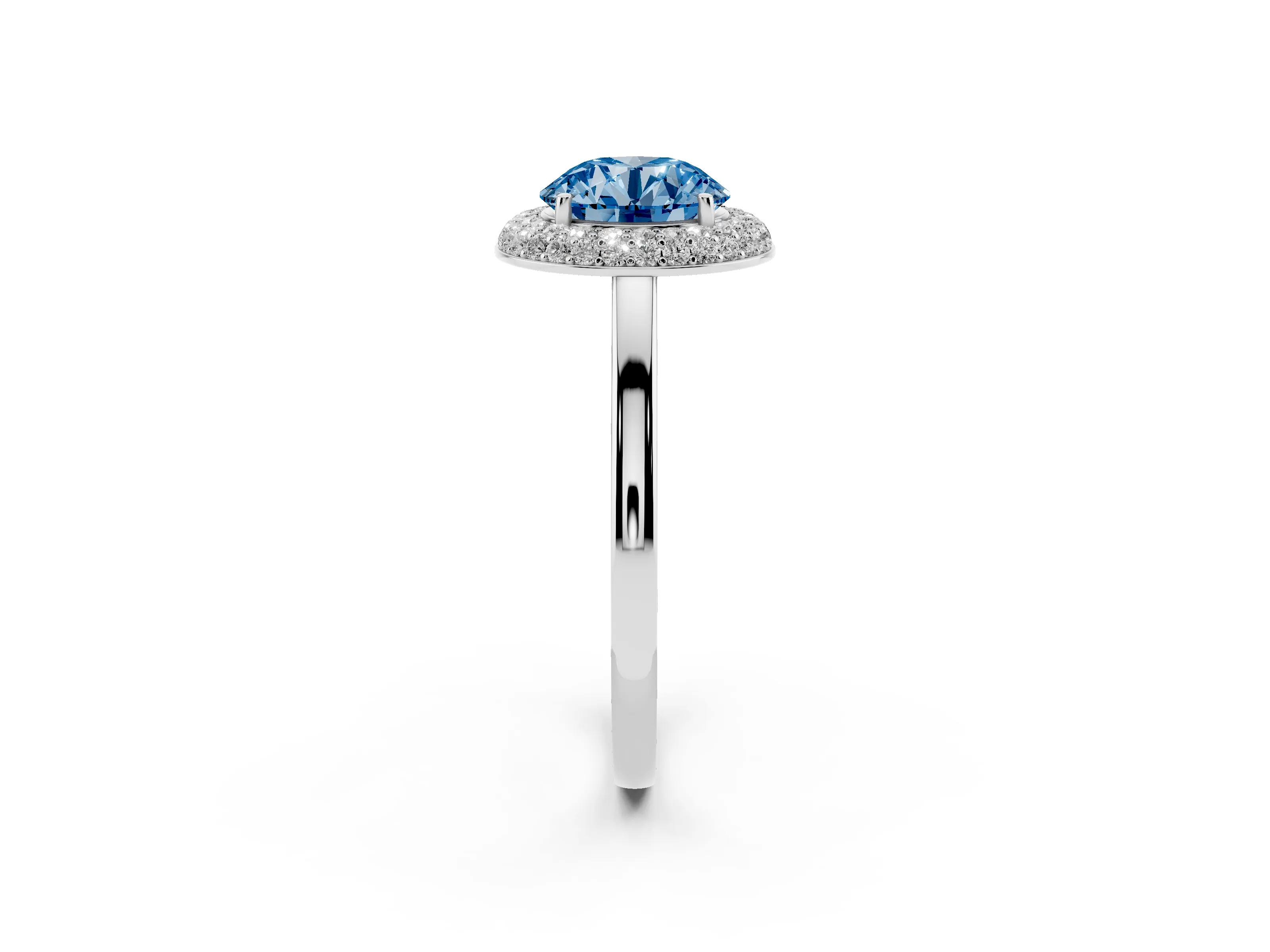 Fancy Blue Round Cut Diamond Halo Engagement Ring Set in Platinum with Solitaire Band and Prong Setting