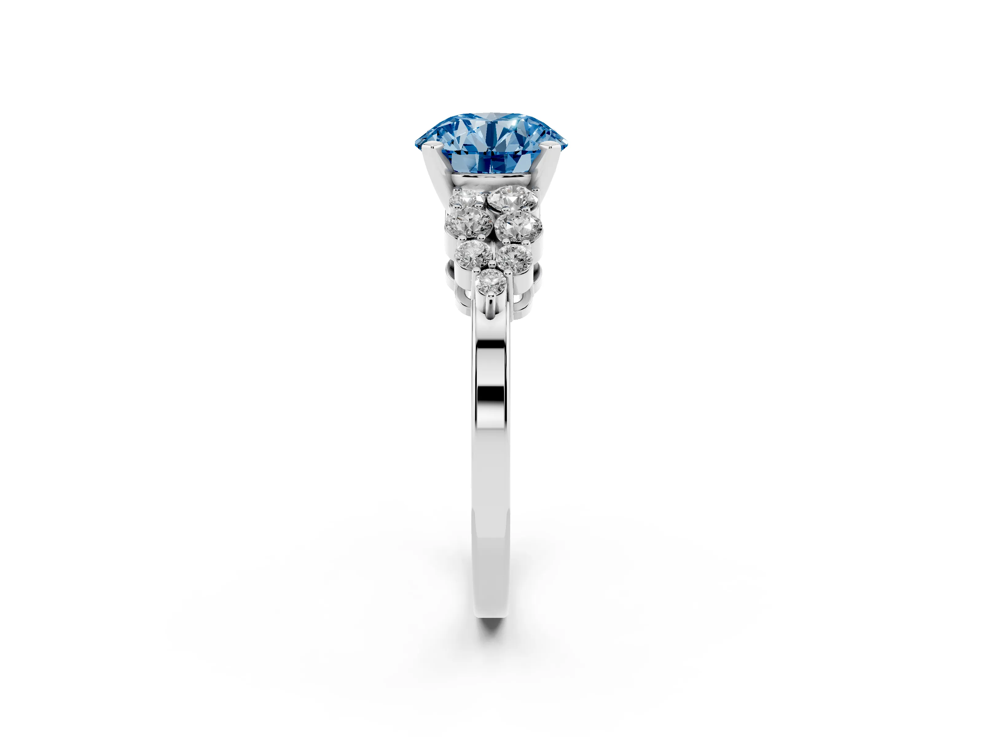 Fancy Blue Round Cut Diamond Cluster Engagement Ring Set in Silver with Pavé Band and Prong Setting