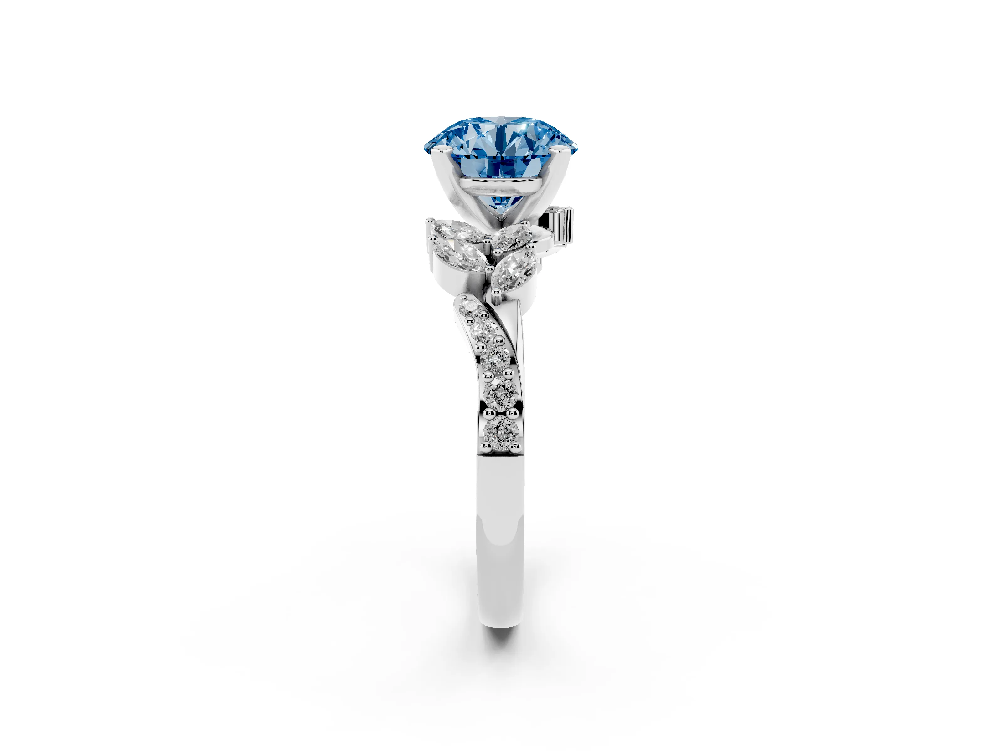 Fancy Blue Round Cut Diamond Solitaire Ring Set in Silver with Marquise Twist Band and Prong Setting