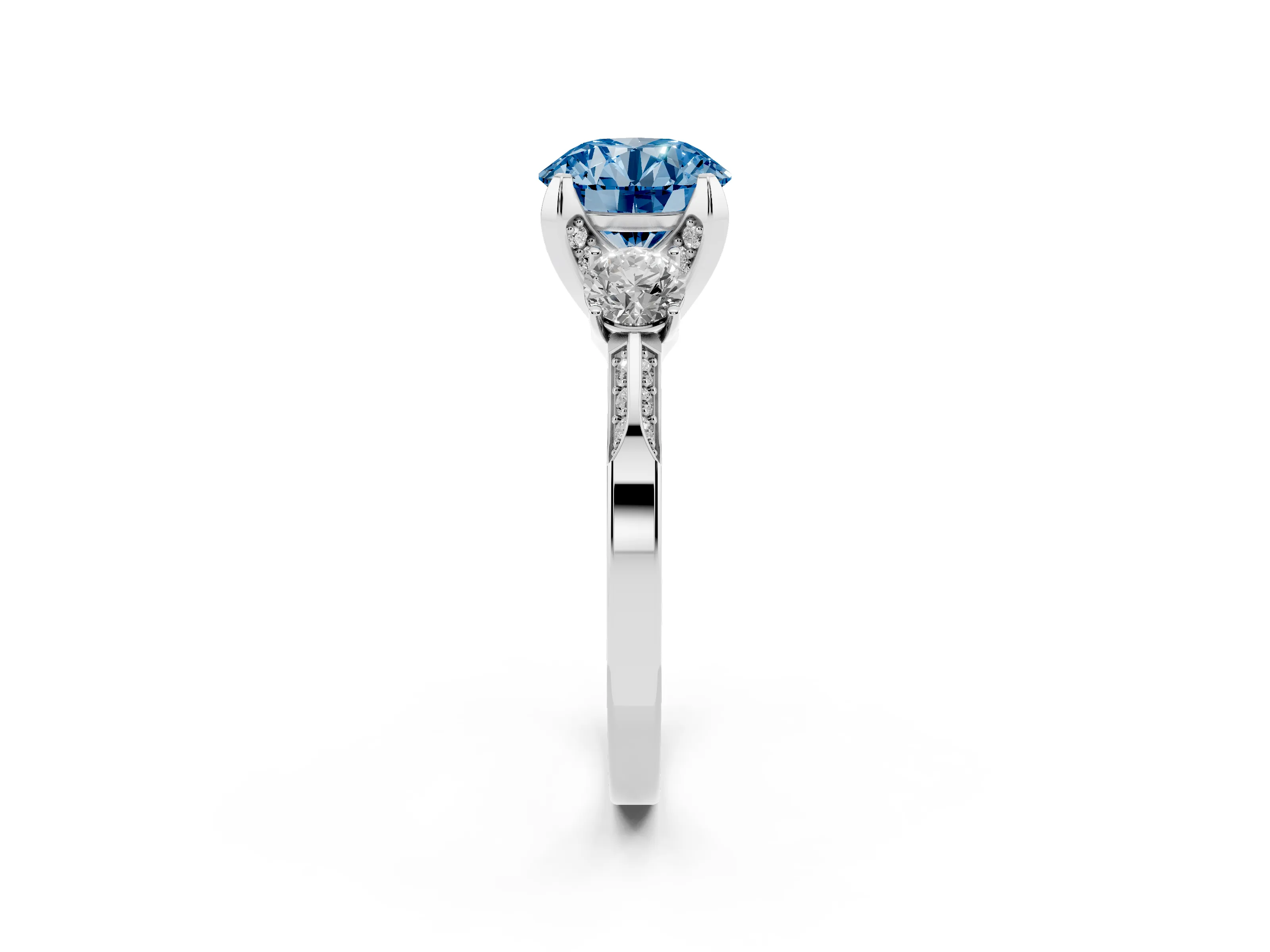 Fancy Blue Round Cut Diamond Three-Stone Ring Set in Silver with Pavé Band and Smaller Side Stones