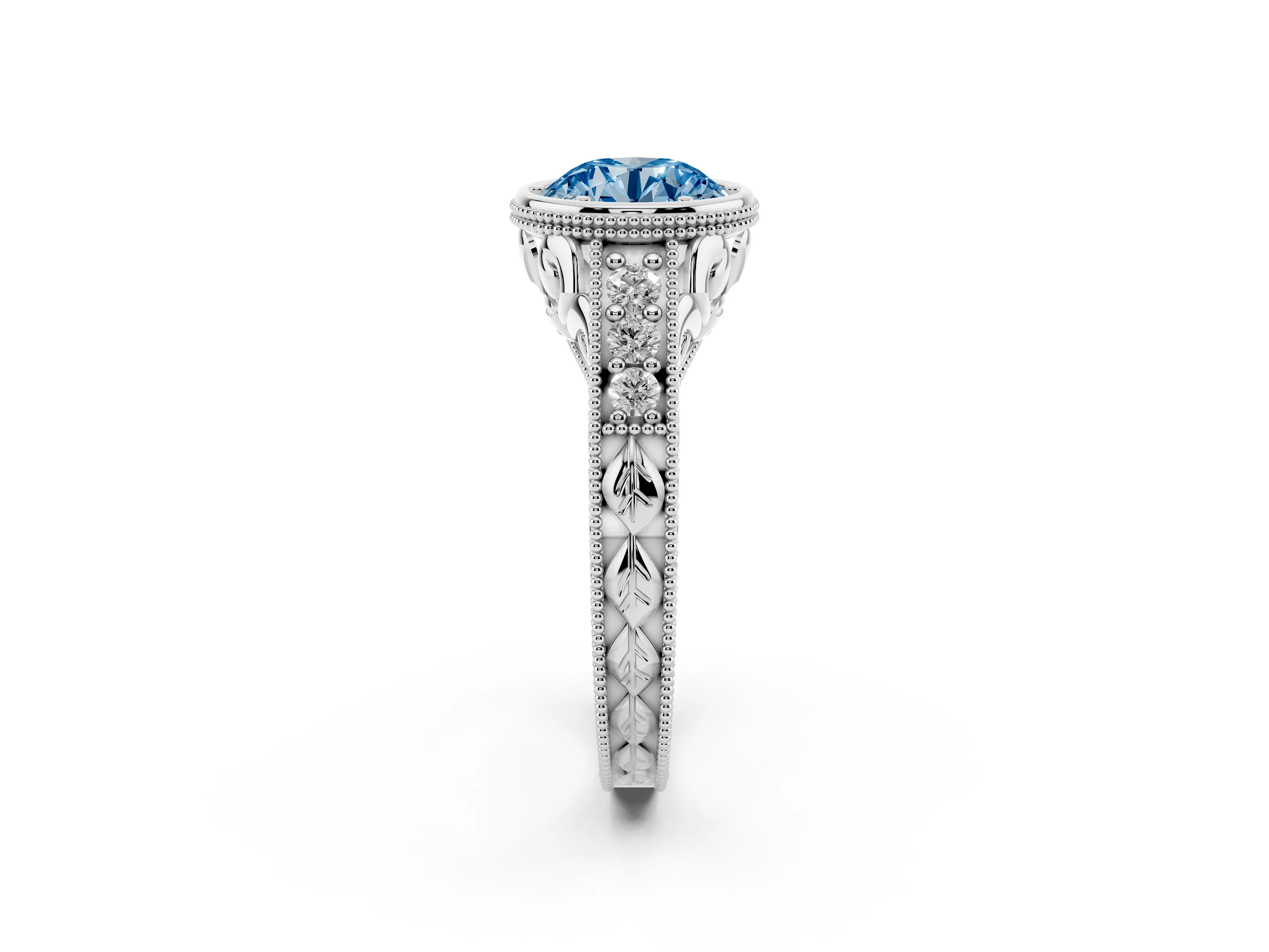 Fancy Blue Bezel Set Round Cut Diamond Milgrain Pavé Engagement Ring Set in Silver