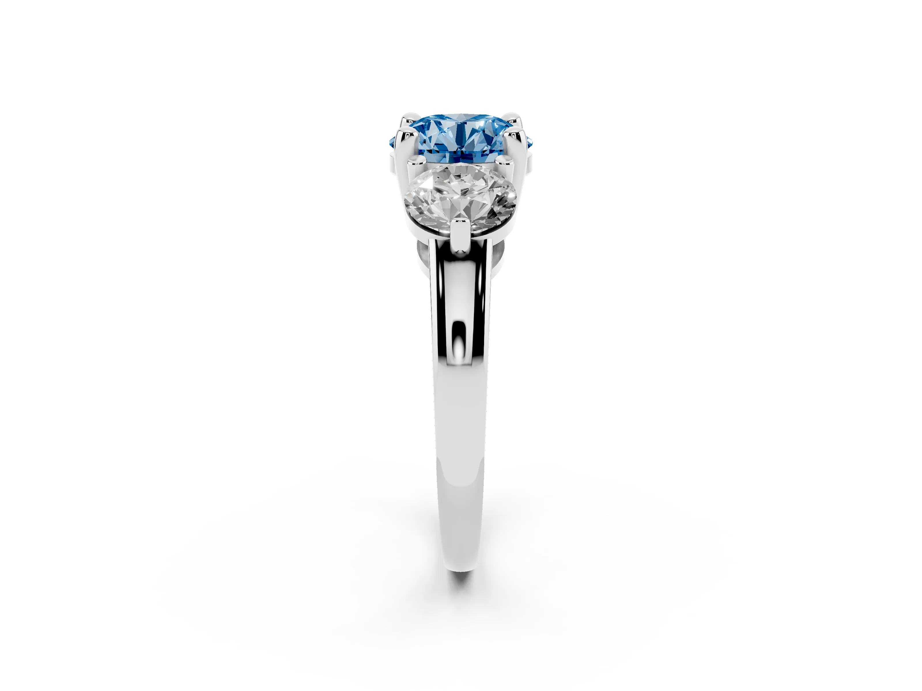 Fancy Blue Round Cut Diamond Three-Stone Ring Set in Platinum with Prong Setting and Classic Band