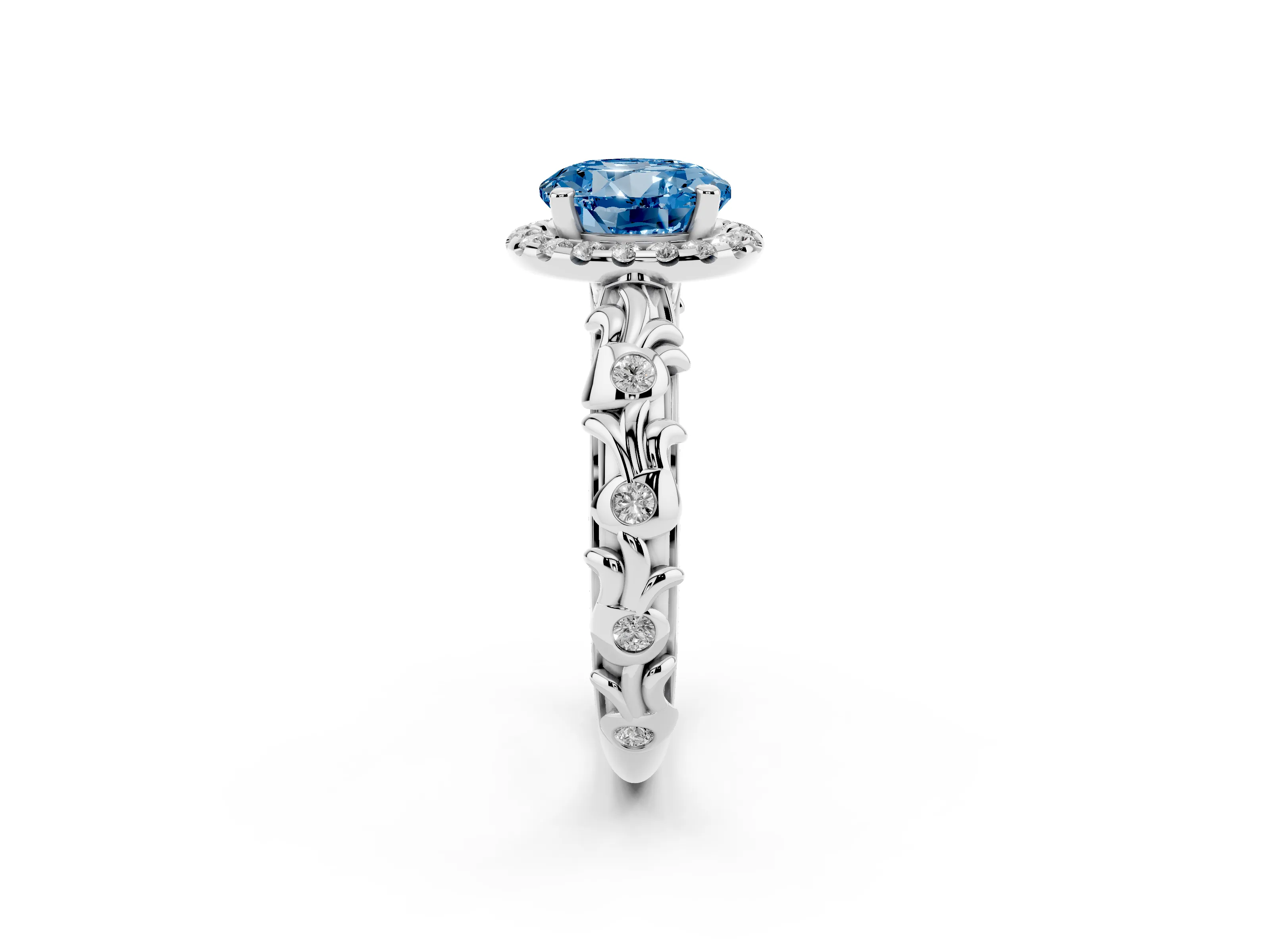 Fancy Blue Round Cut Diamond Halo Ring Set in Platinum with Filigree Leaf Band and Prong Setting