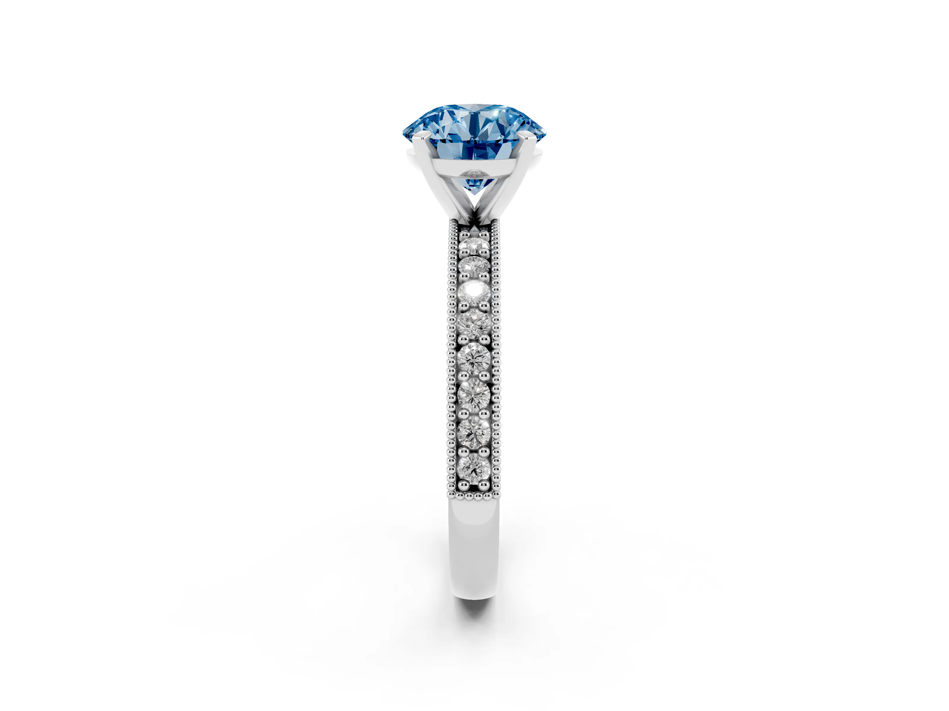 Fancy Blue Round Cut Diamond Milgrain Pavé Engagement Ring Set in Silver with Prong Setting