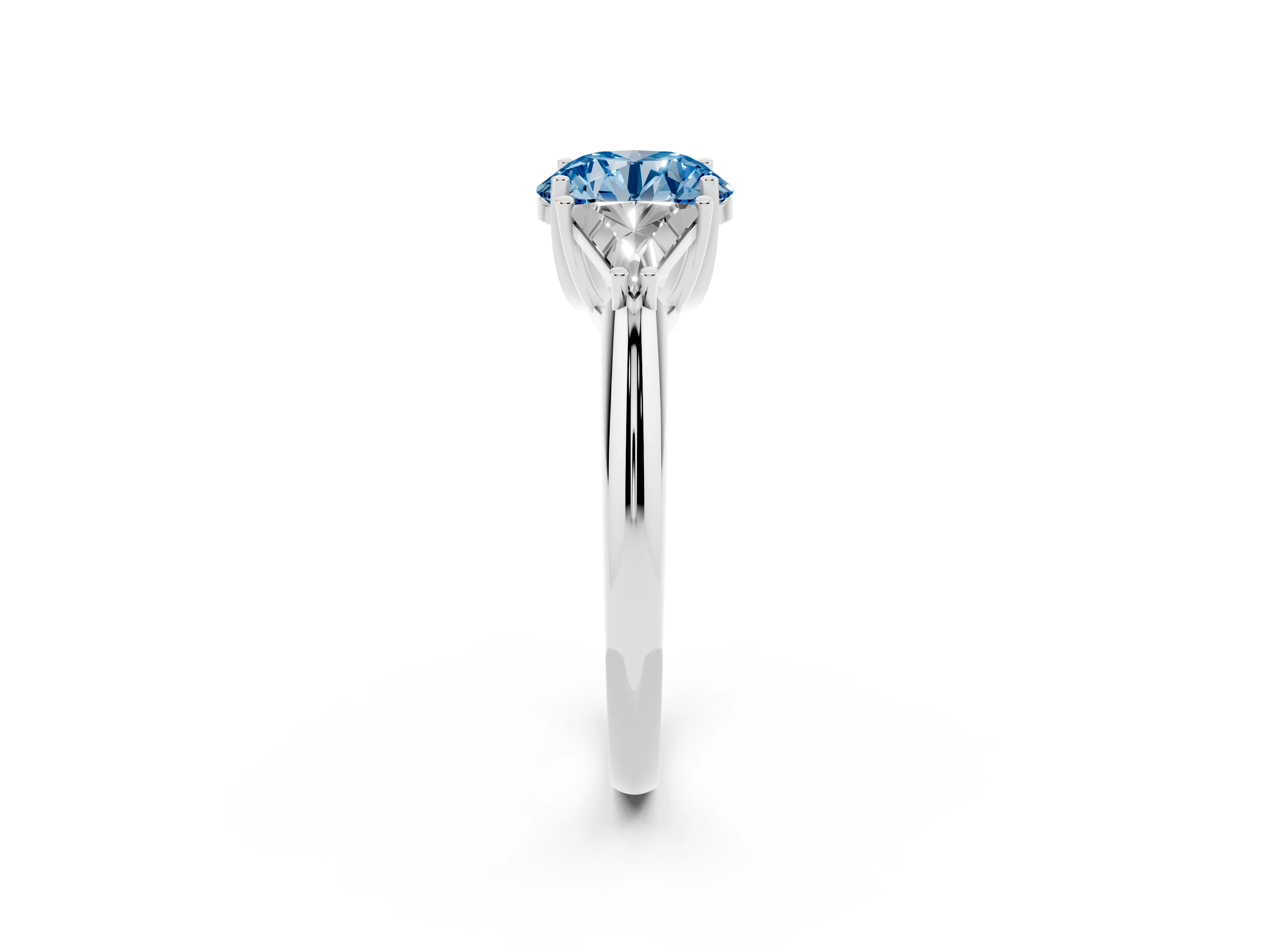 Fancy Blue Round Cut Diamond Three-Stone Engagement Ring Set in White gold with Trillion Side Stones