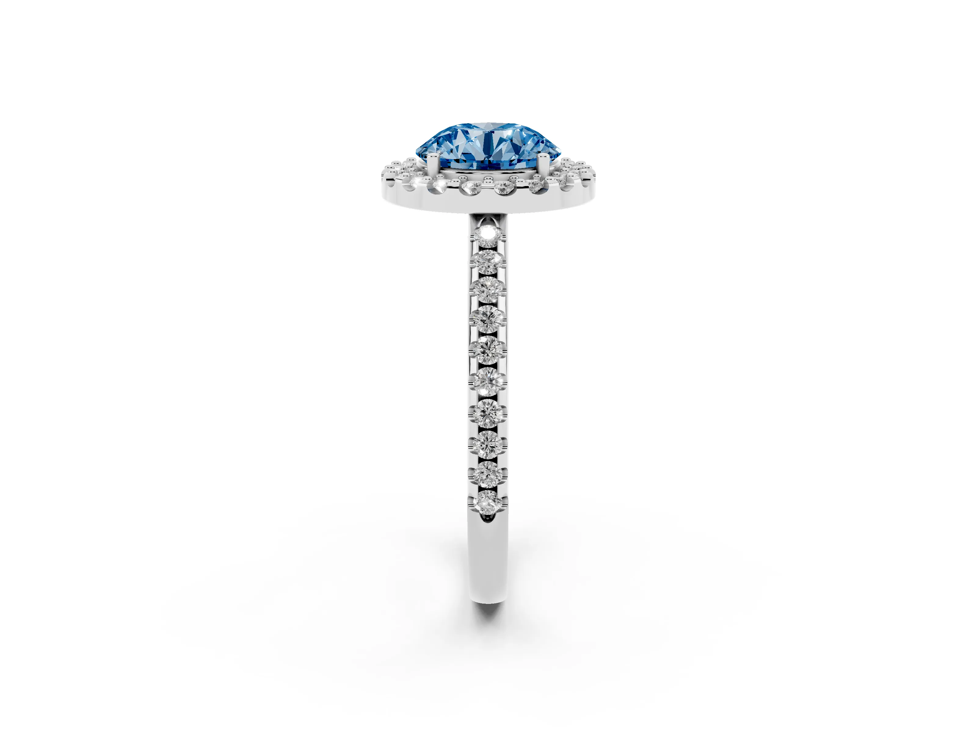 Fancy Blue Round Cut Diamond Pavé Halo Ring Set in Platinum with Prong Setting