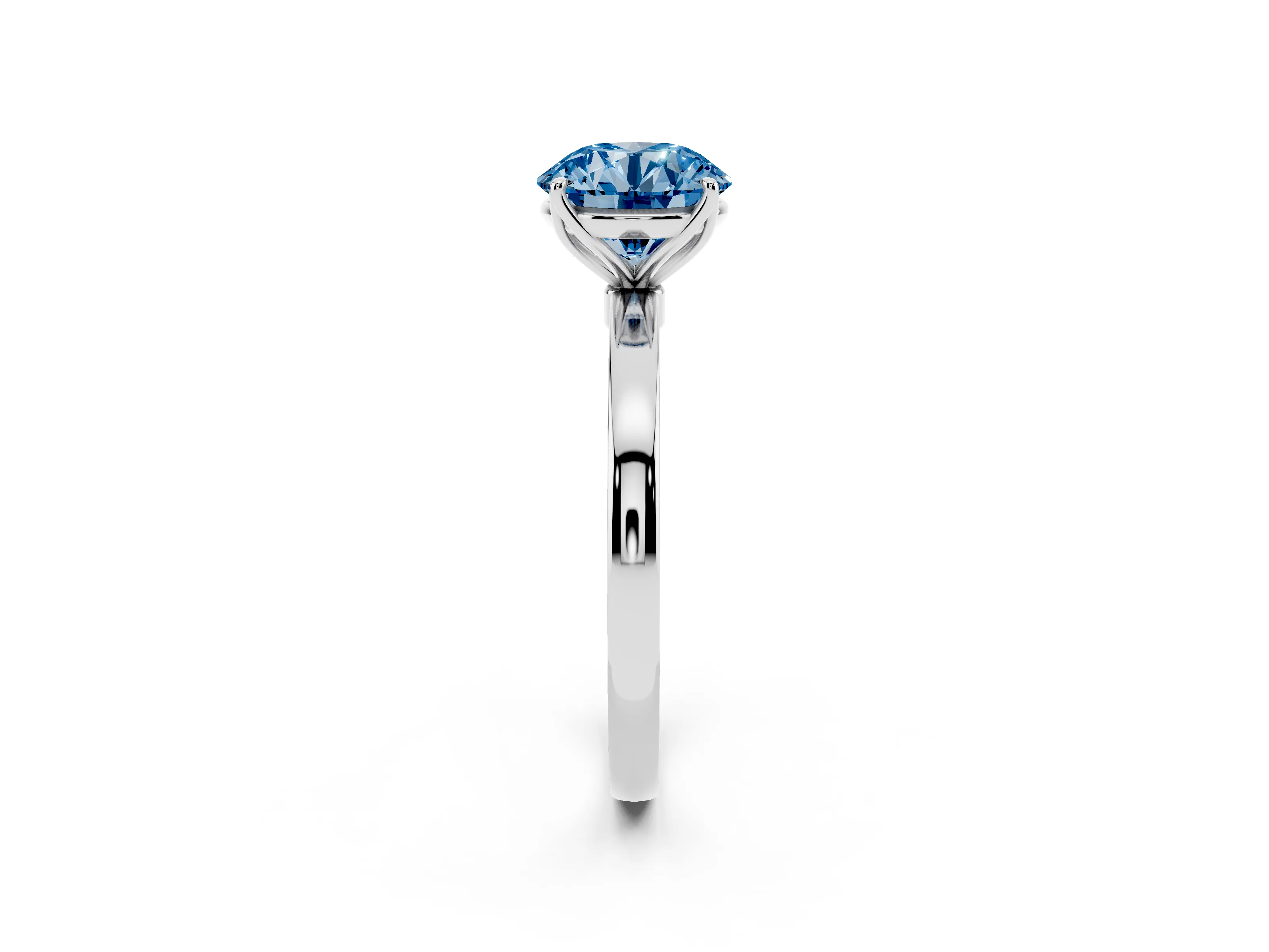 Fancy Blue Round Cut Diamond Solitaire Ring Set in White gold with Prong Setting and Thin Polished Band