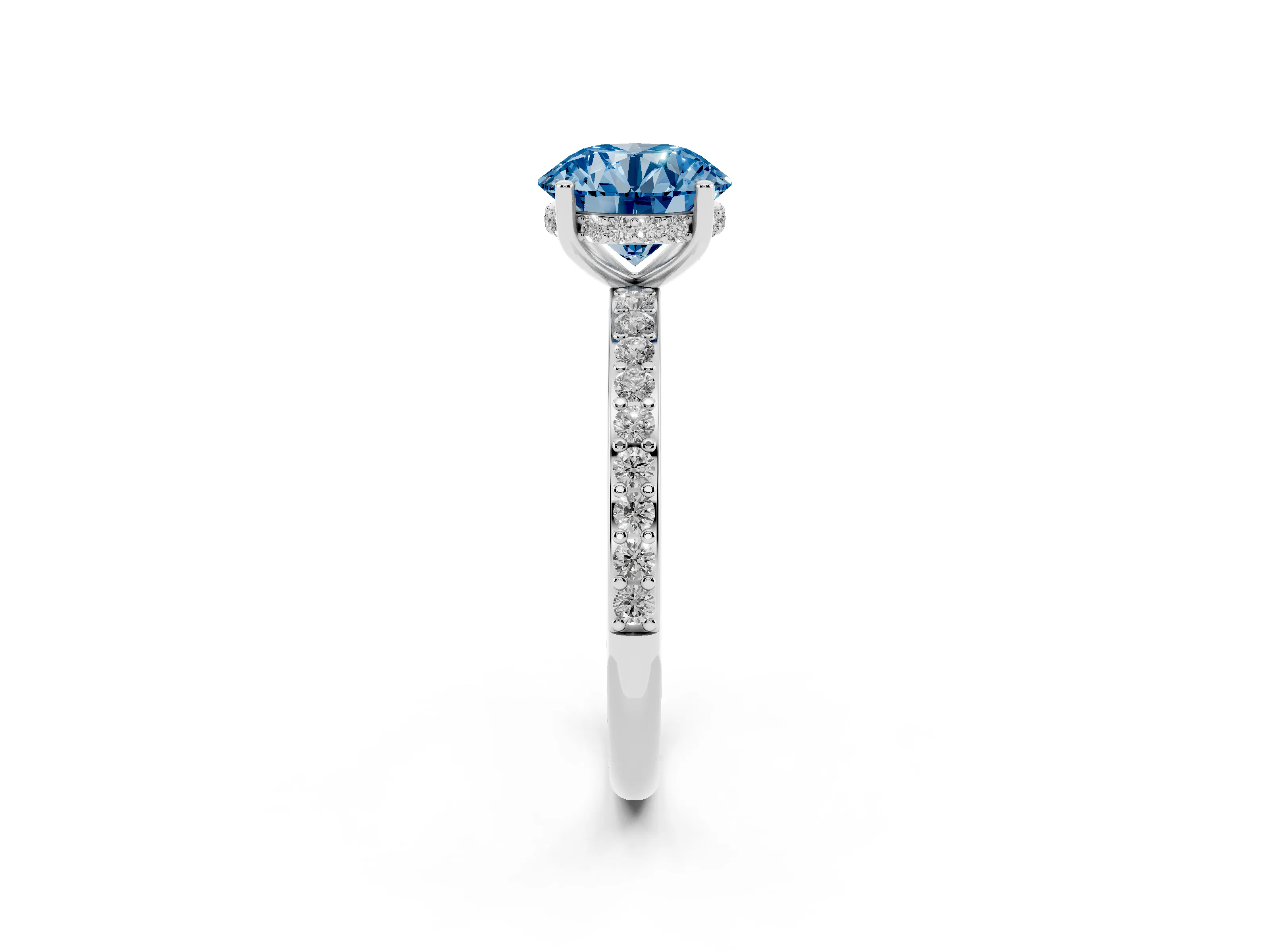 Fancy Blue Round Cut Diamond Pavé Band Ring Set in Silver with Prong-Set Center Stone