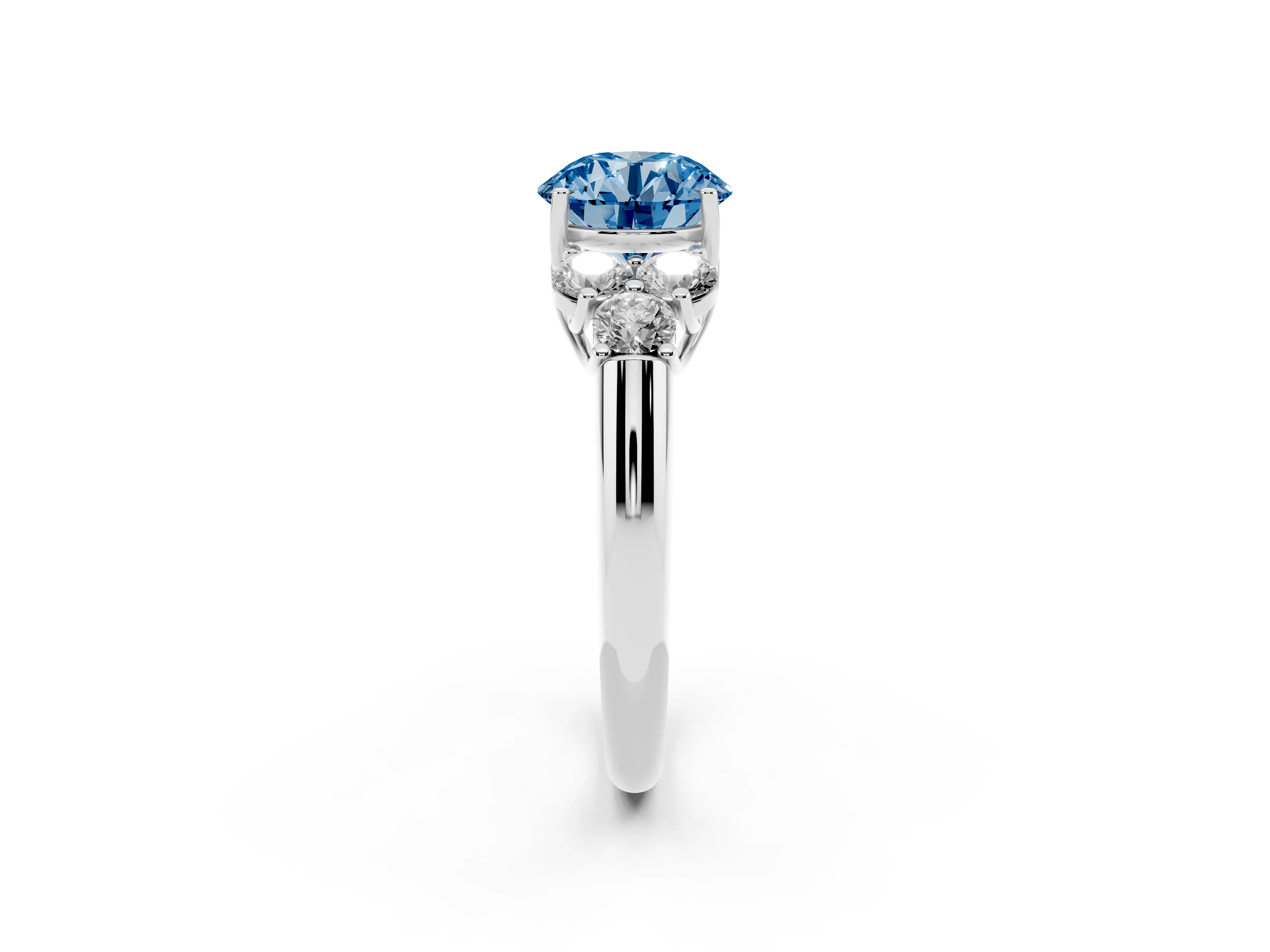 Fancy Blue Round Cut Diamond Cluster Ring Set in Platinum with Round Accent Stones and Prong Setting on a Plain Band
