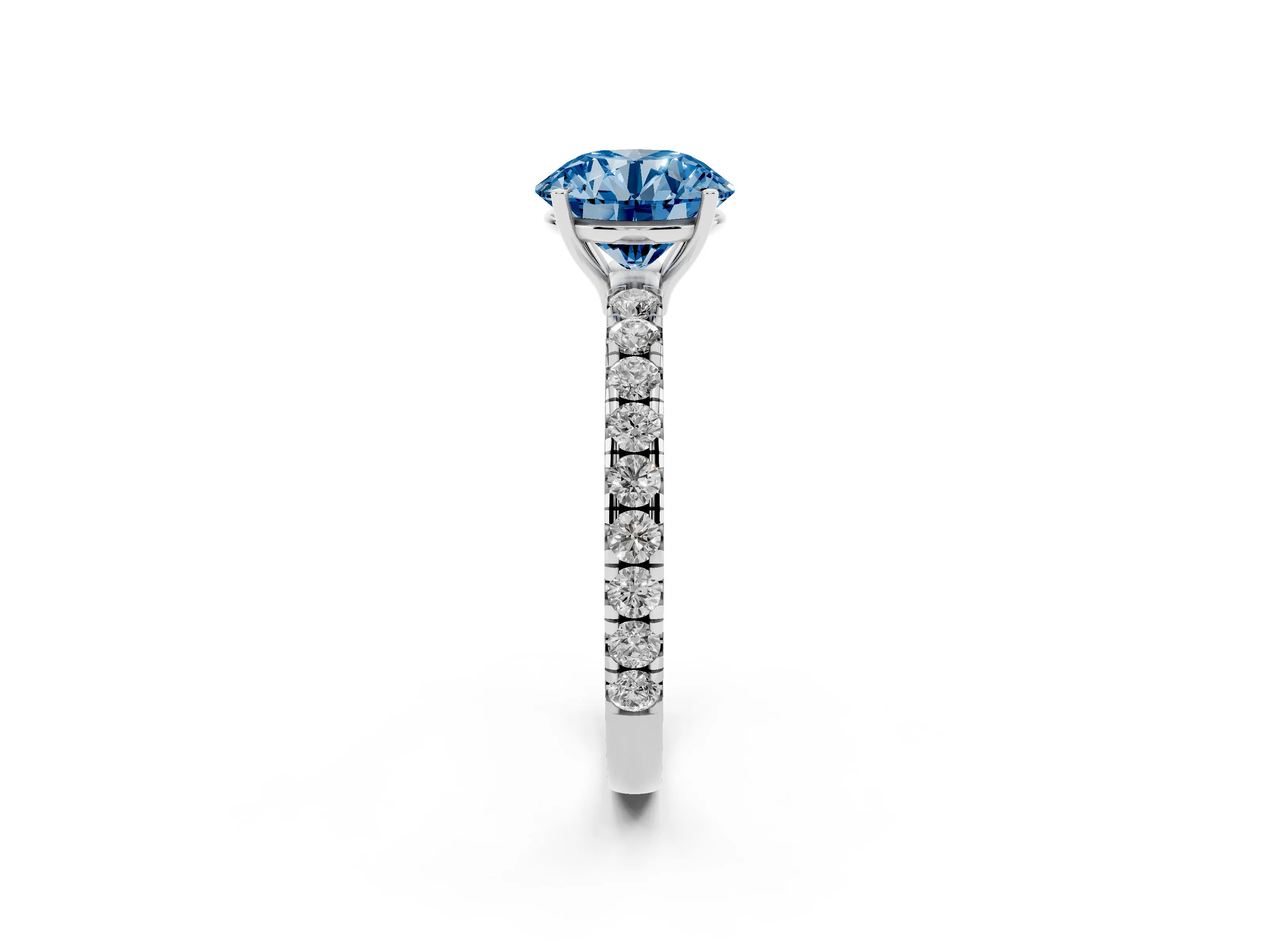 Fancy Blue Round Cut Diamond Pavé Solitaire Engagement Ring Set in White gold with Prong Setting