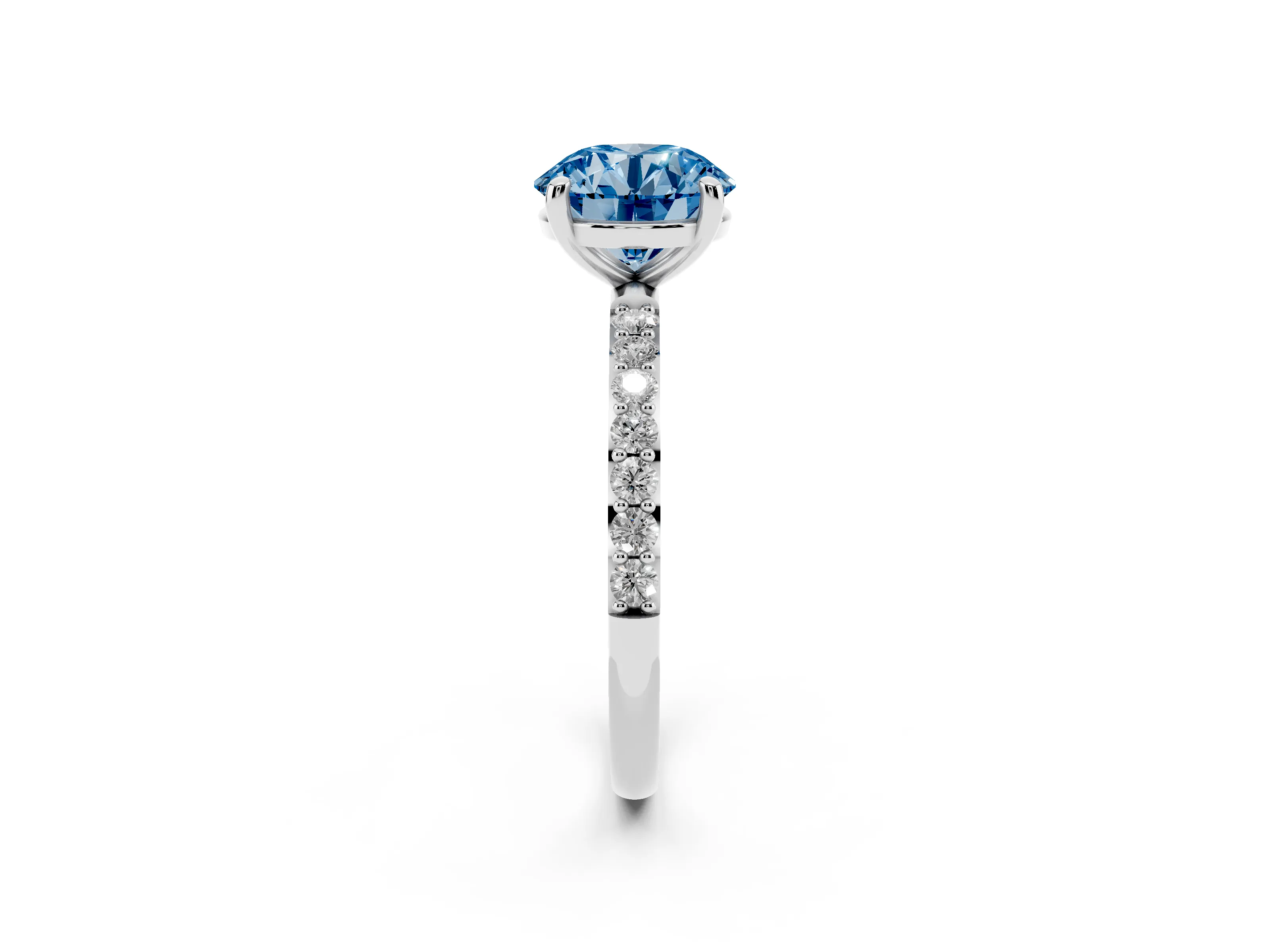 Fancy Blue Round Cut Diamond Solitaire Ring Set in Platinum with Round Pavé Band and Prong Setting