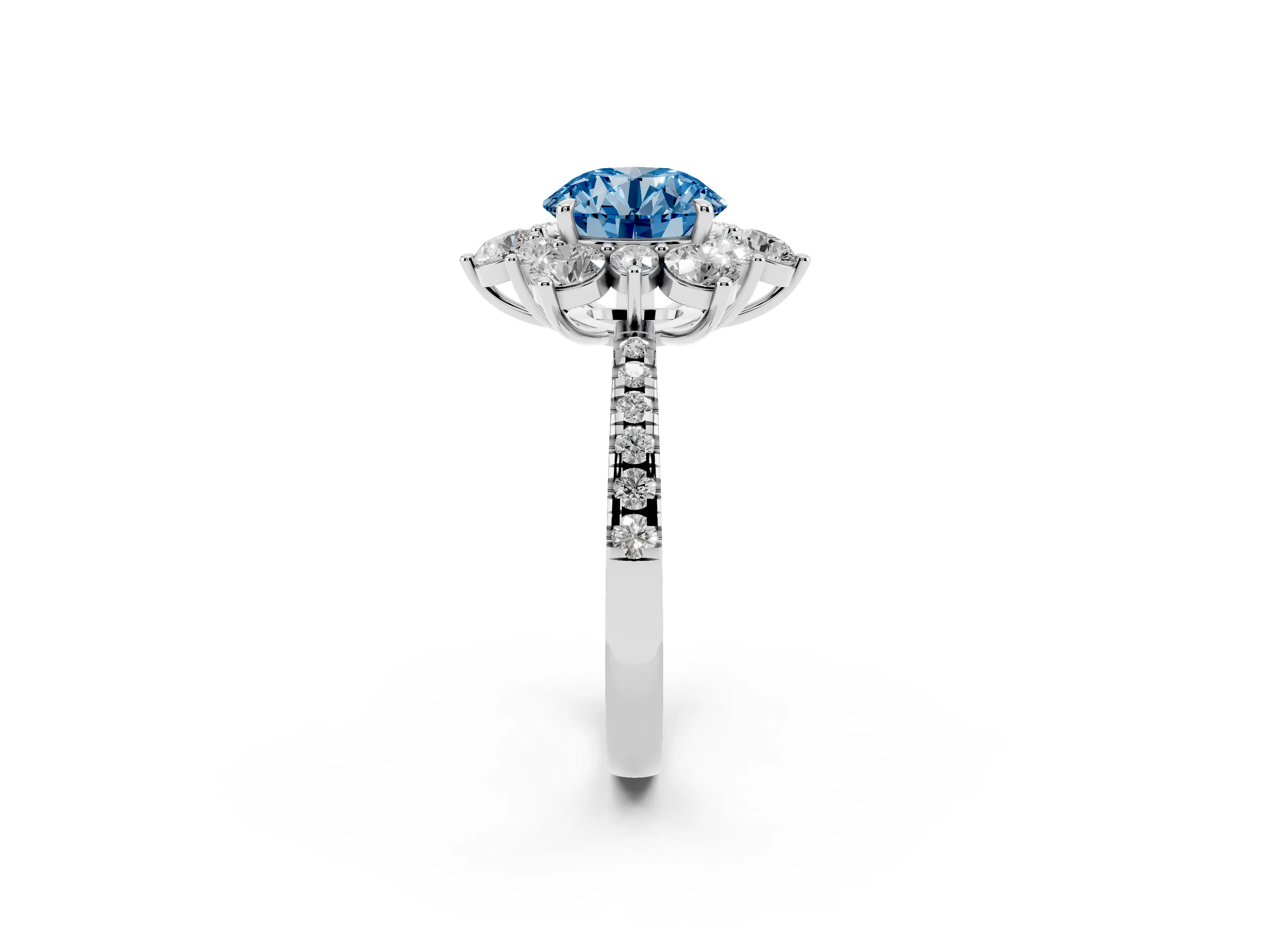 Fancy Blue Round Cut Diamond Floral Halo Ring Set in White gold with Round Pavé Band and Prong Setting