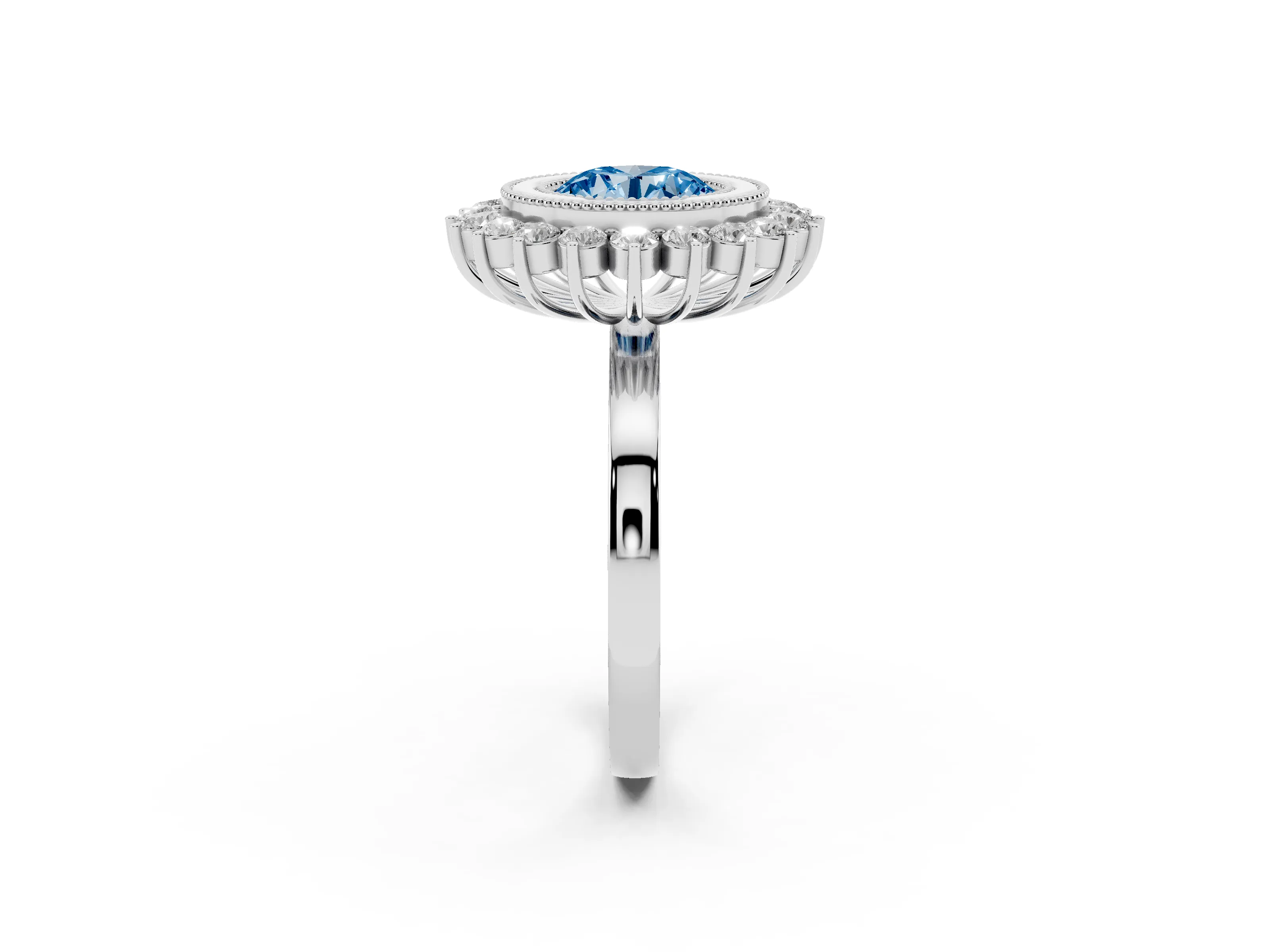 Fancy Blue Round Cut Diamond Halo Ring Set in Silver with Milgrain Edge and Round Prong Setting