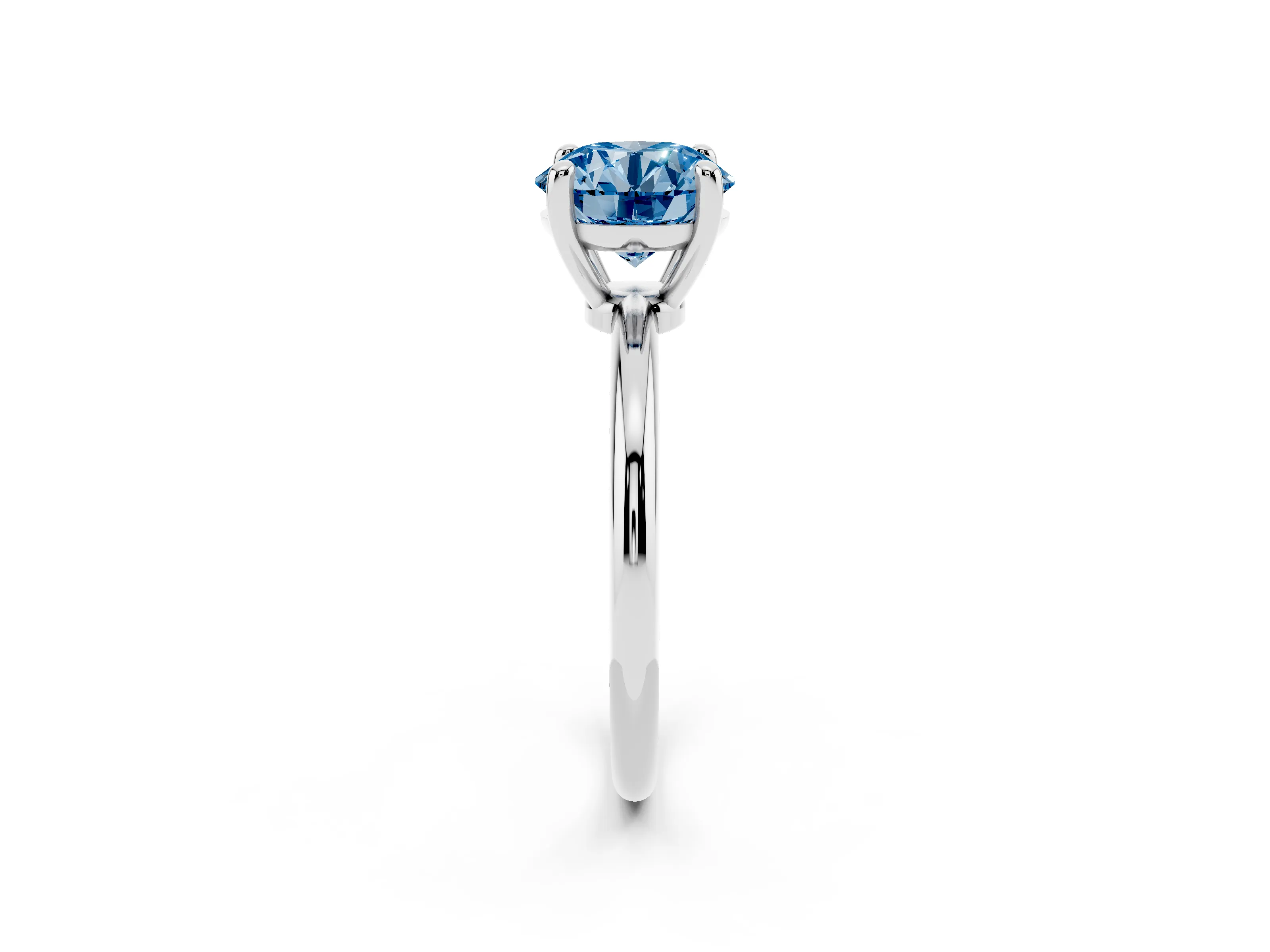 Fancy Blue Round Cut Diamond Solitaire Ring Set in White gold with Secure Prong Setting on a Classic Band