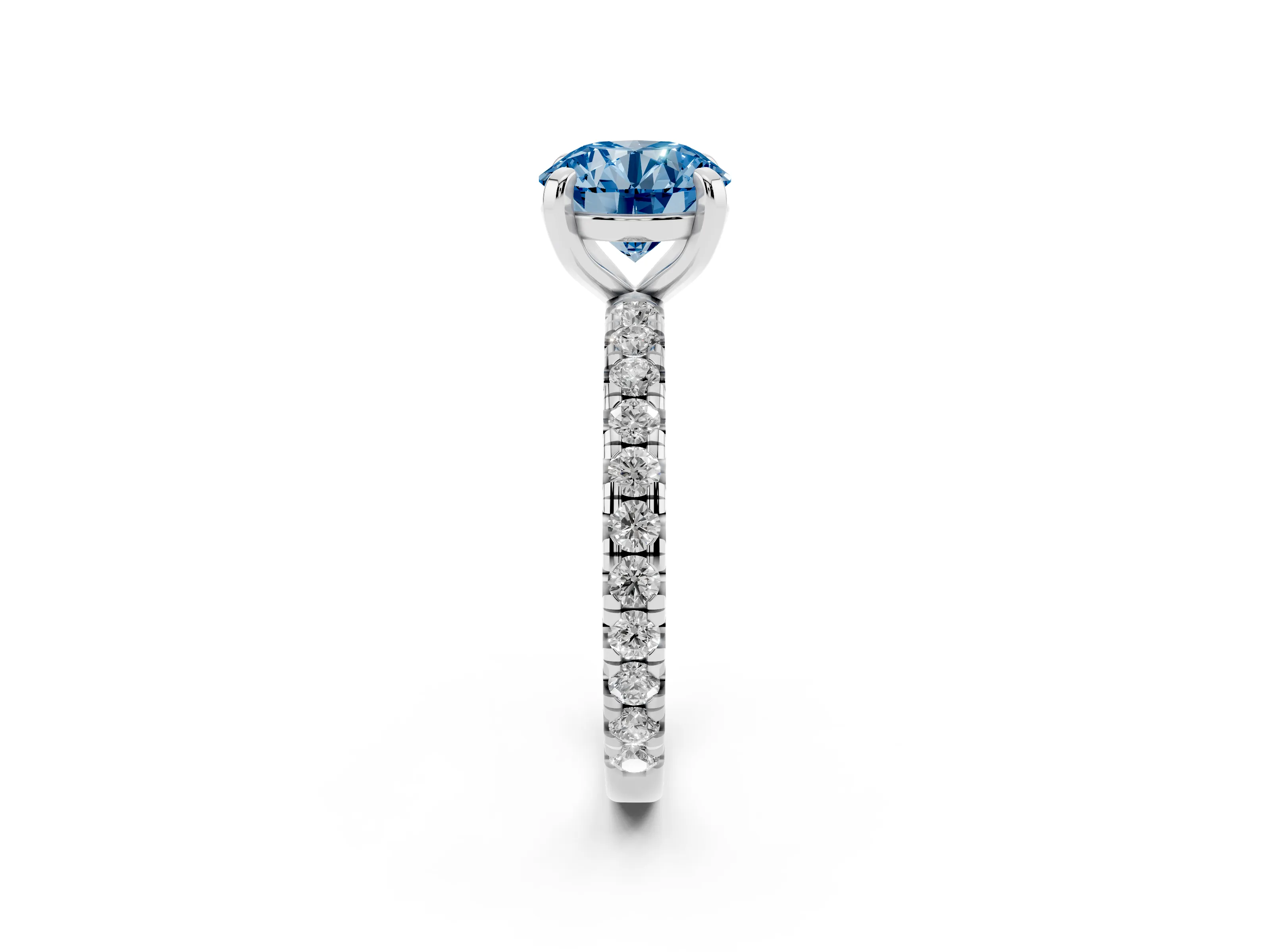 Fancy Blue Round Cut Diamond Pavé Solitaire Ring Set in White gold with Round Band and Prong Setting