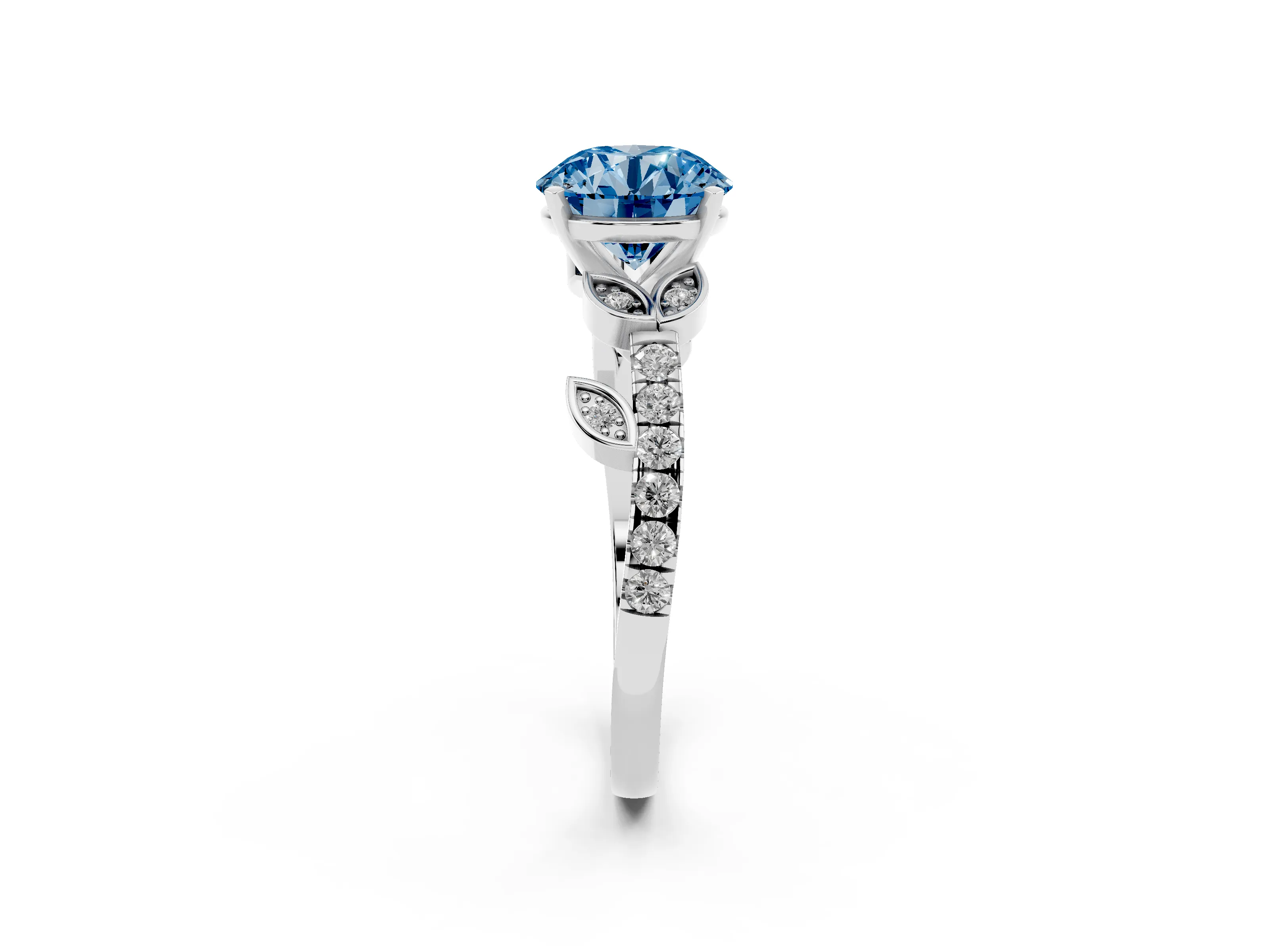 Fancy Blue Round Cut Diamond Solitaire Leaf-Inspired Ring Set in Silver with Pavé Band and Prong Setting