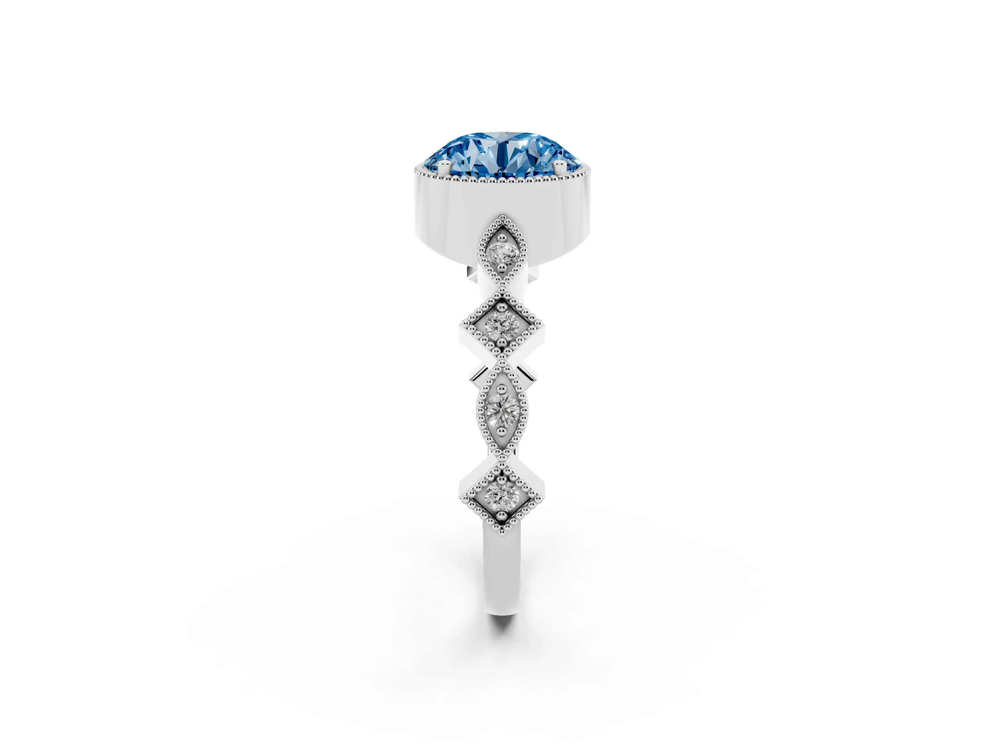 Fancy Blue Round Cut Diamond Milgrain Marquise Twist Band Ring Set in White gold with Prong Setting