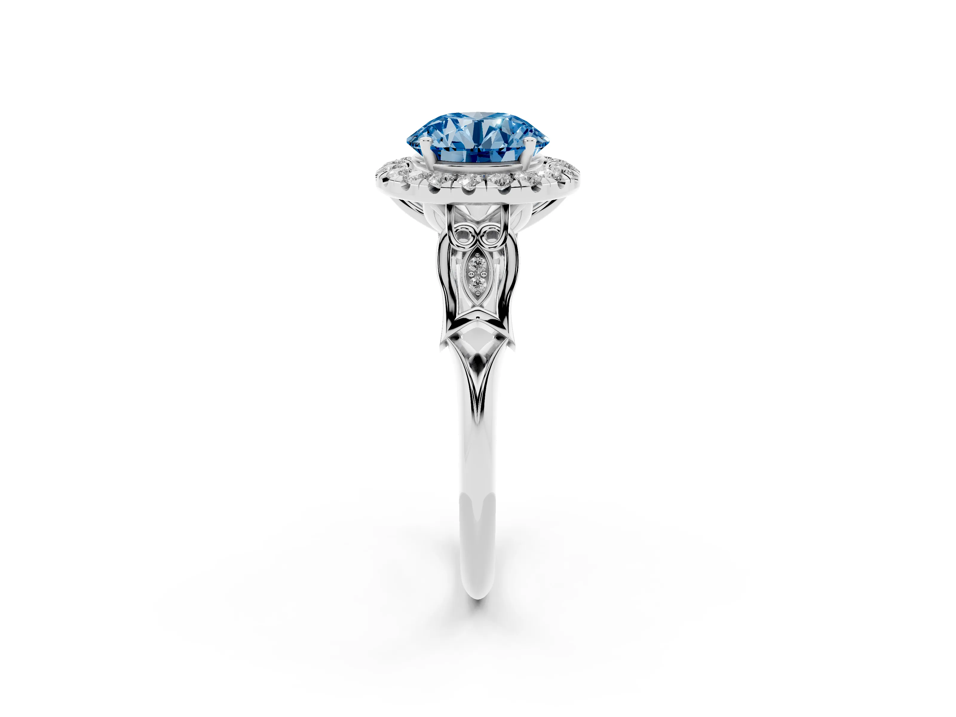 Fancy Blue Round Cut Diamond Halo Engagement Ring Set in Platinum with Filigree Band and Prong-Set Center