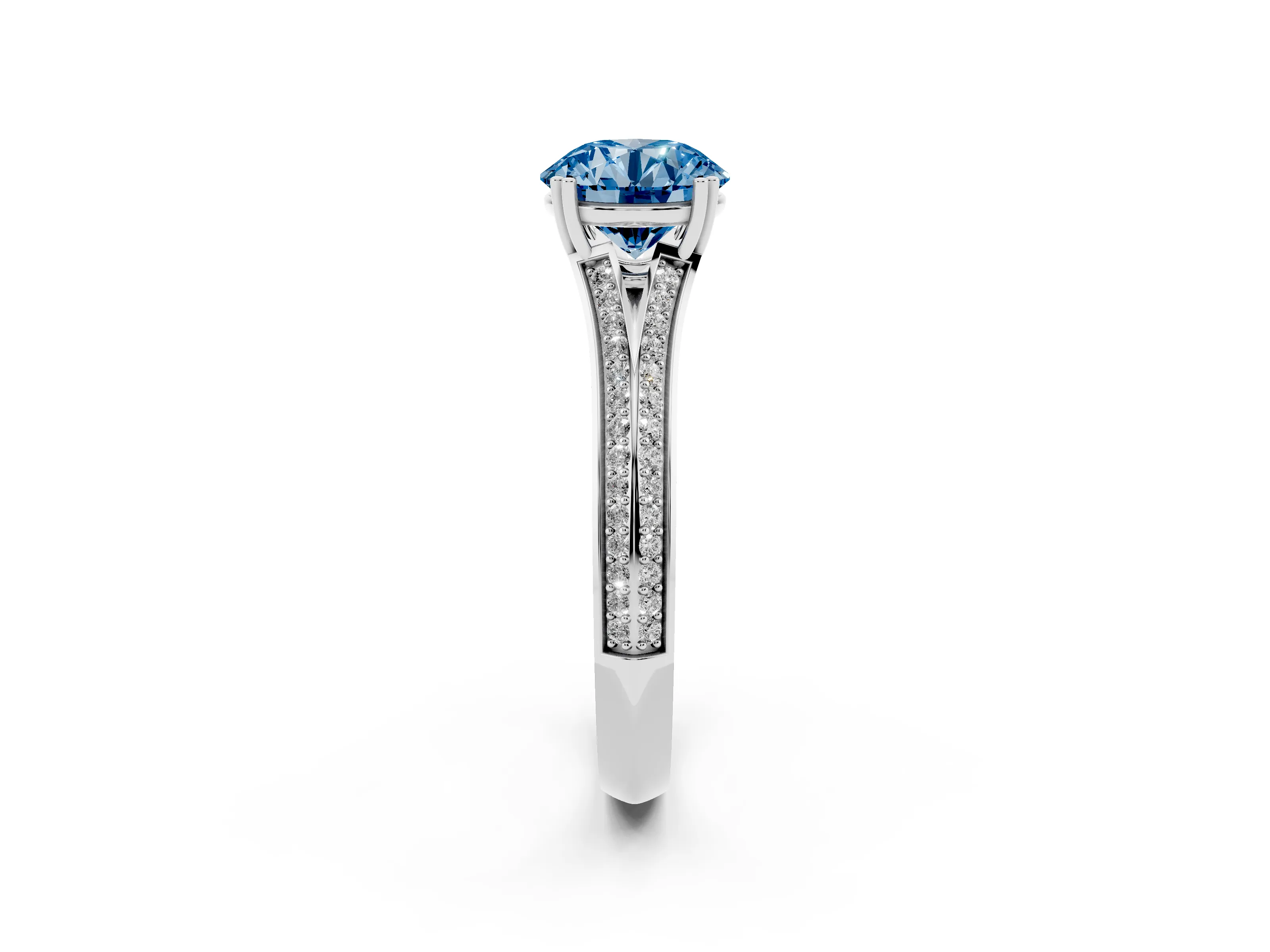 Fancy Blue Round Cut Diamond Split Shank Pavé Engagement Ring Set in Silver with Prong-Set Center Stone