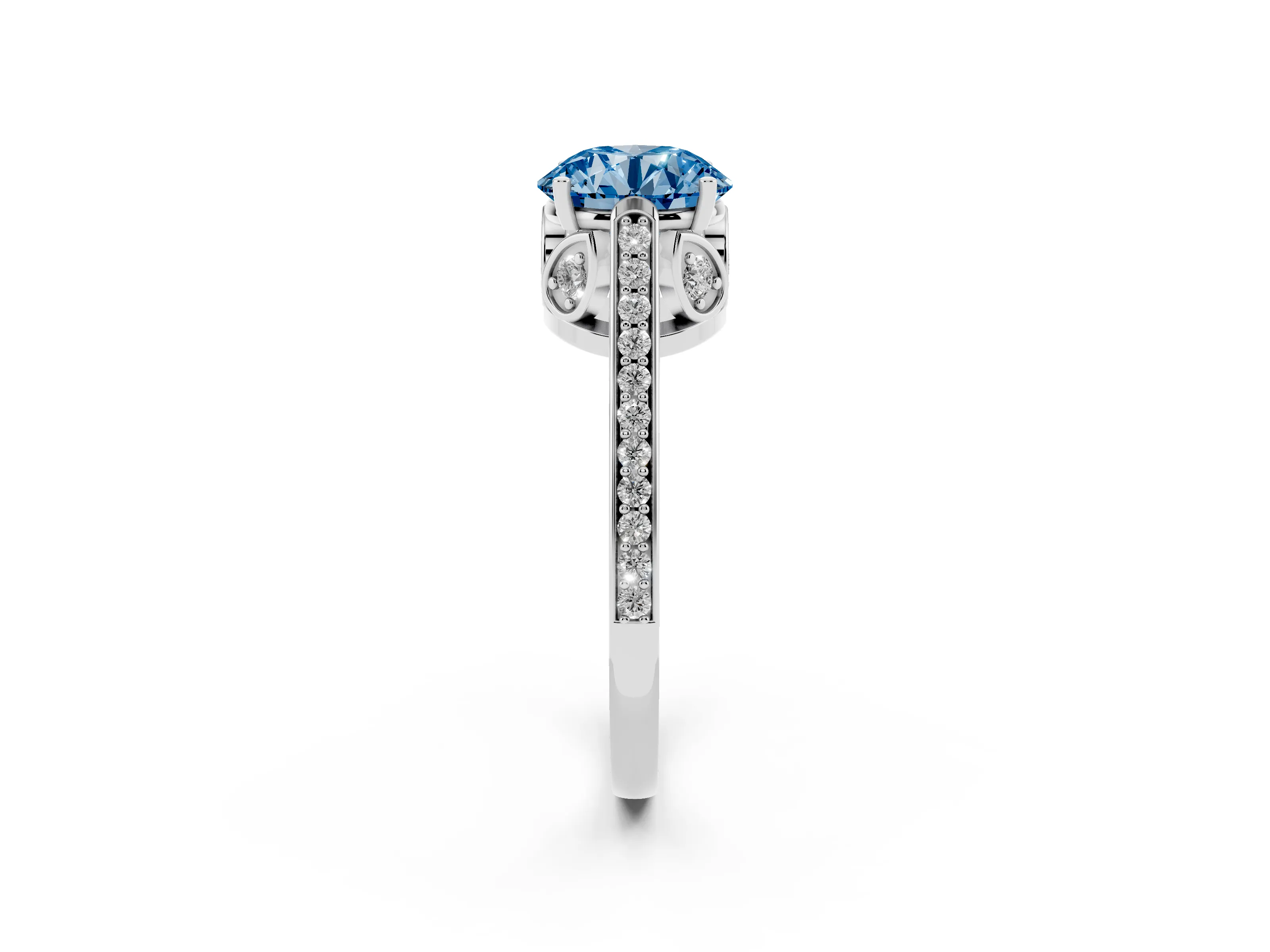 Fancy Blue Round Cut Diamond Cathedral Pavé Engagement Ring Set in Silver with Prong Setting