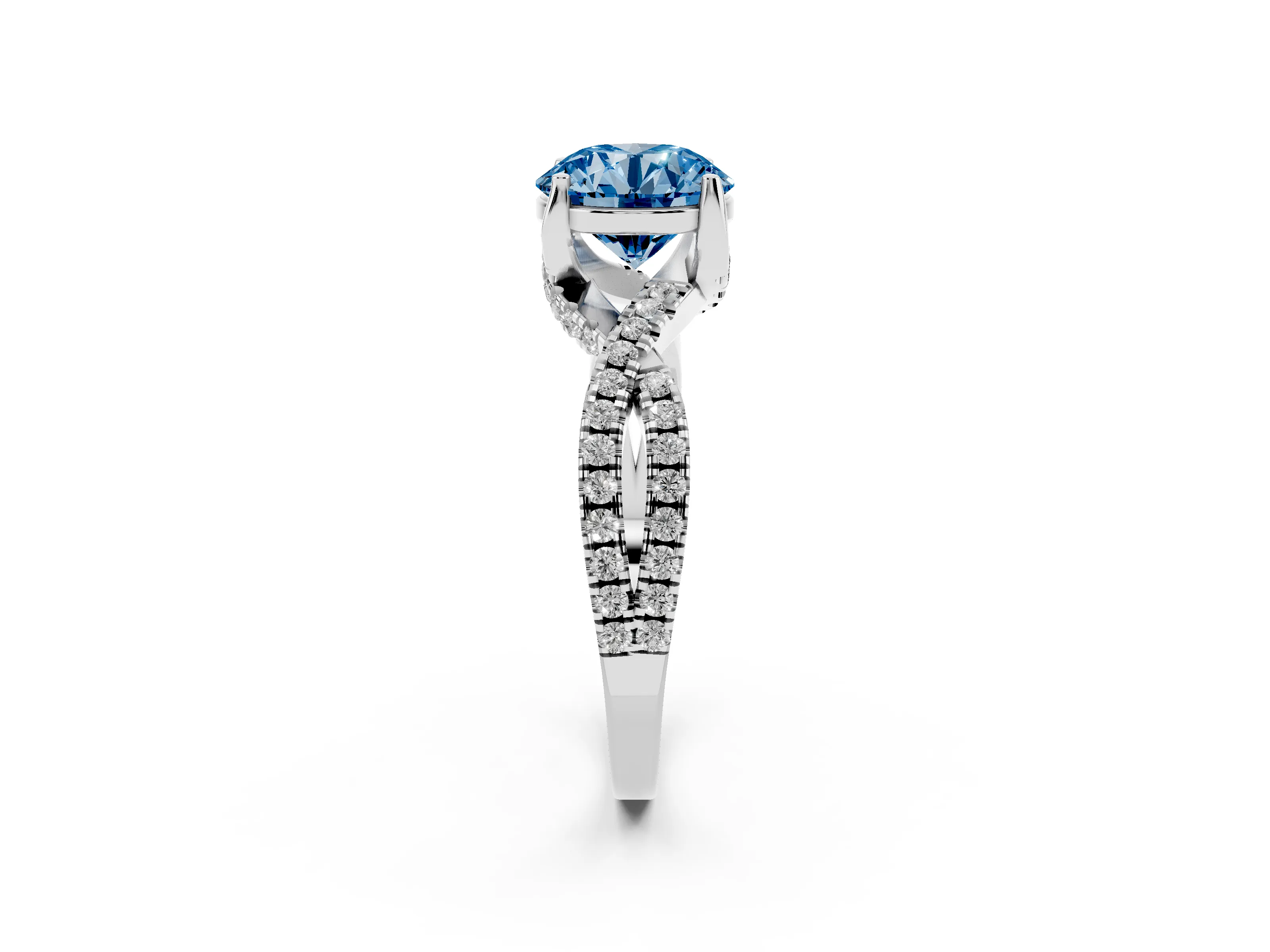 Fancy Blue Round Cut Diamond Twist Pavé Solitaire Engagement Ring Set in Platinum with Prong Setting