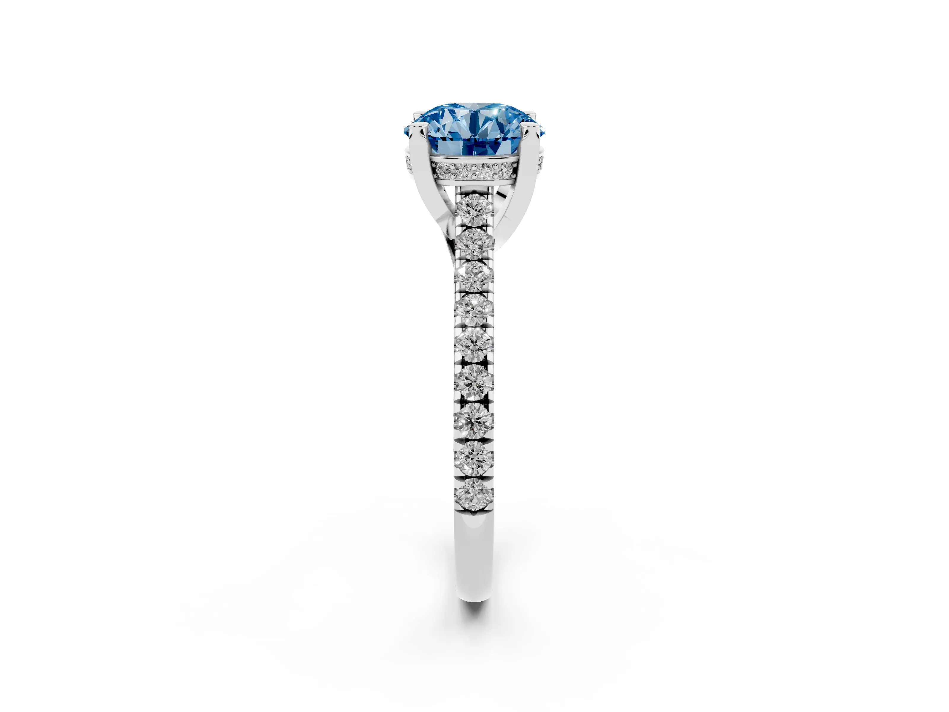 Fancy Blue Round Cut Diamond Solitaire Ring Set in Platinum with Brilliant Pavé Band and Prong Setting