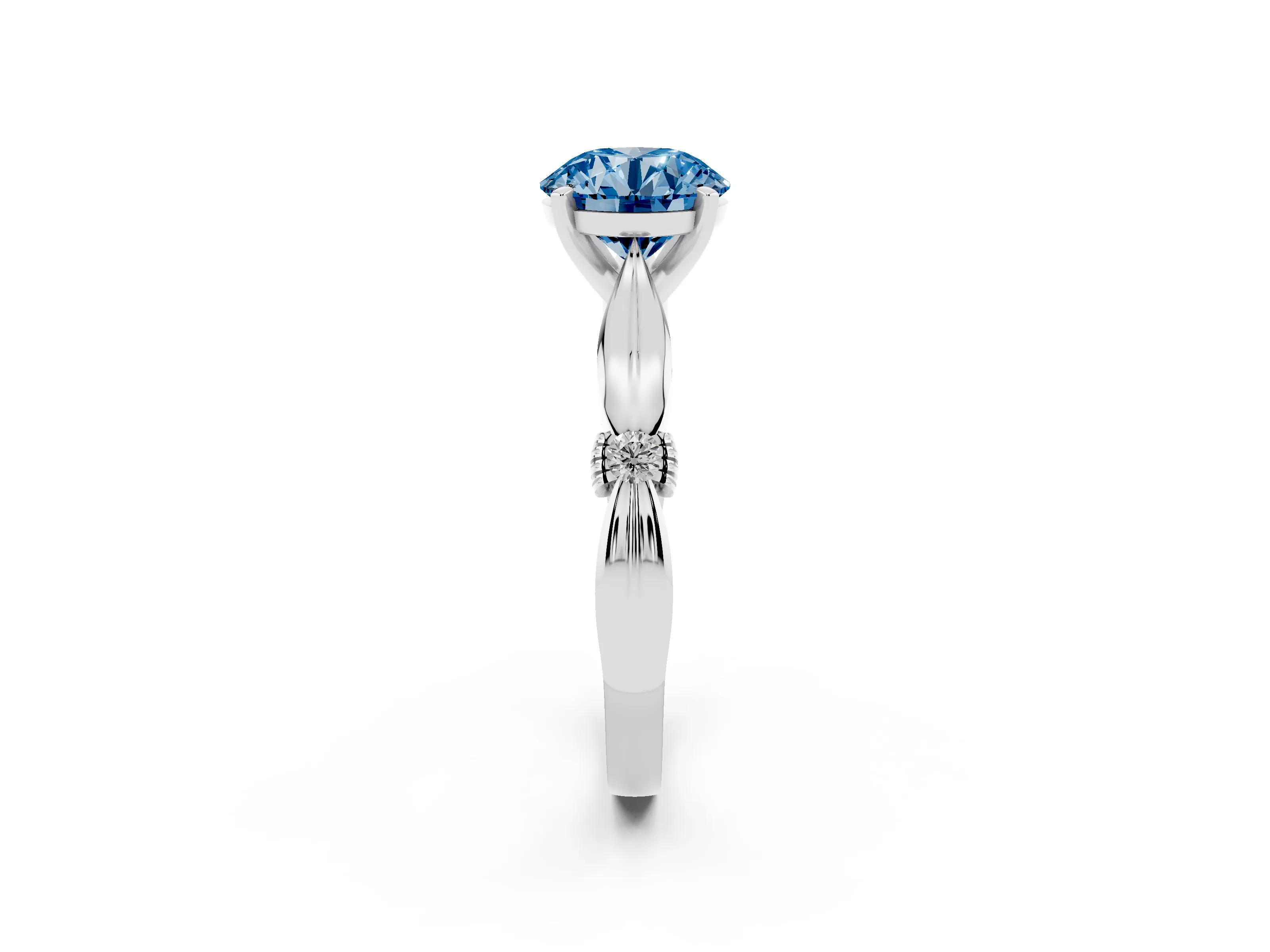 Fancy Blue Round Cut Diamond Solitaire Twisted Band Ring Set in Silver with Accent Stones and Prong Setting