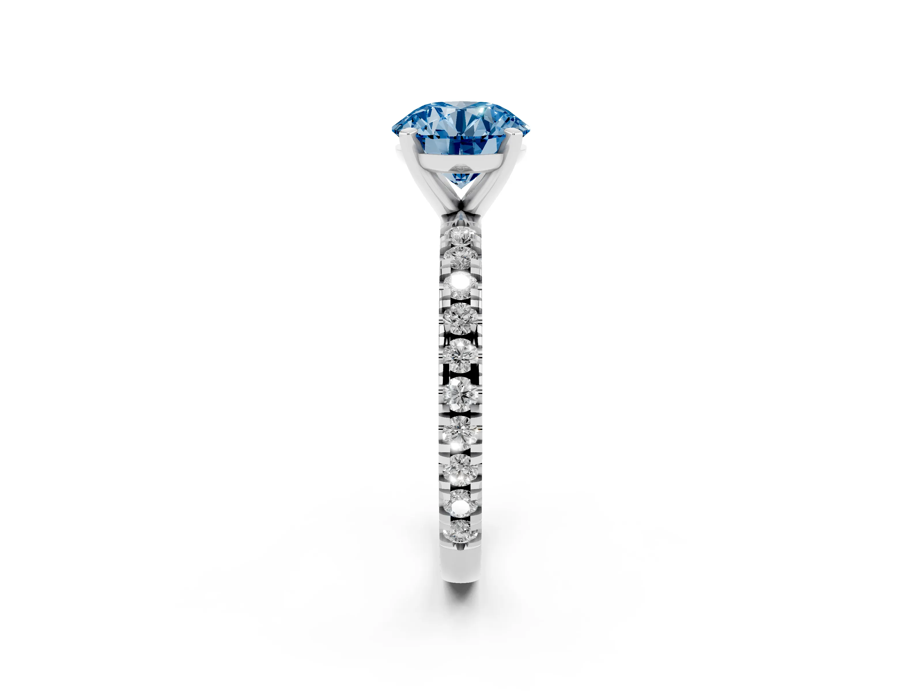 Fancy Blue Round Cut Diamond Pavé Band Solitaire Set in Platinum with Prong Setting