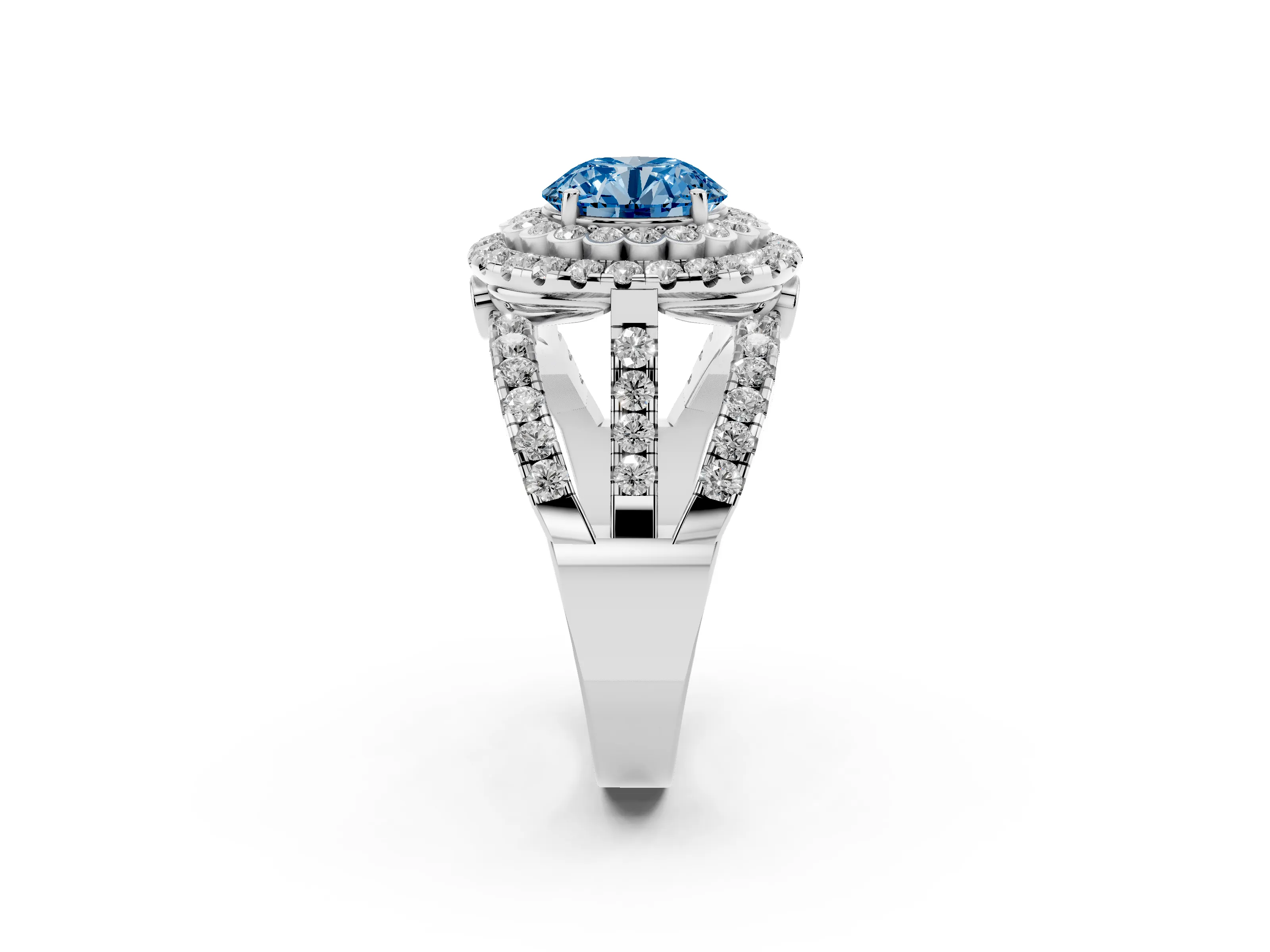 Fancy Blue Round Cut Diamond Double Halo Ring Set in White gold with Round Pavé Split Shank