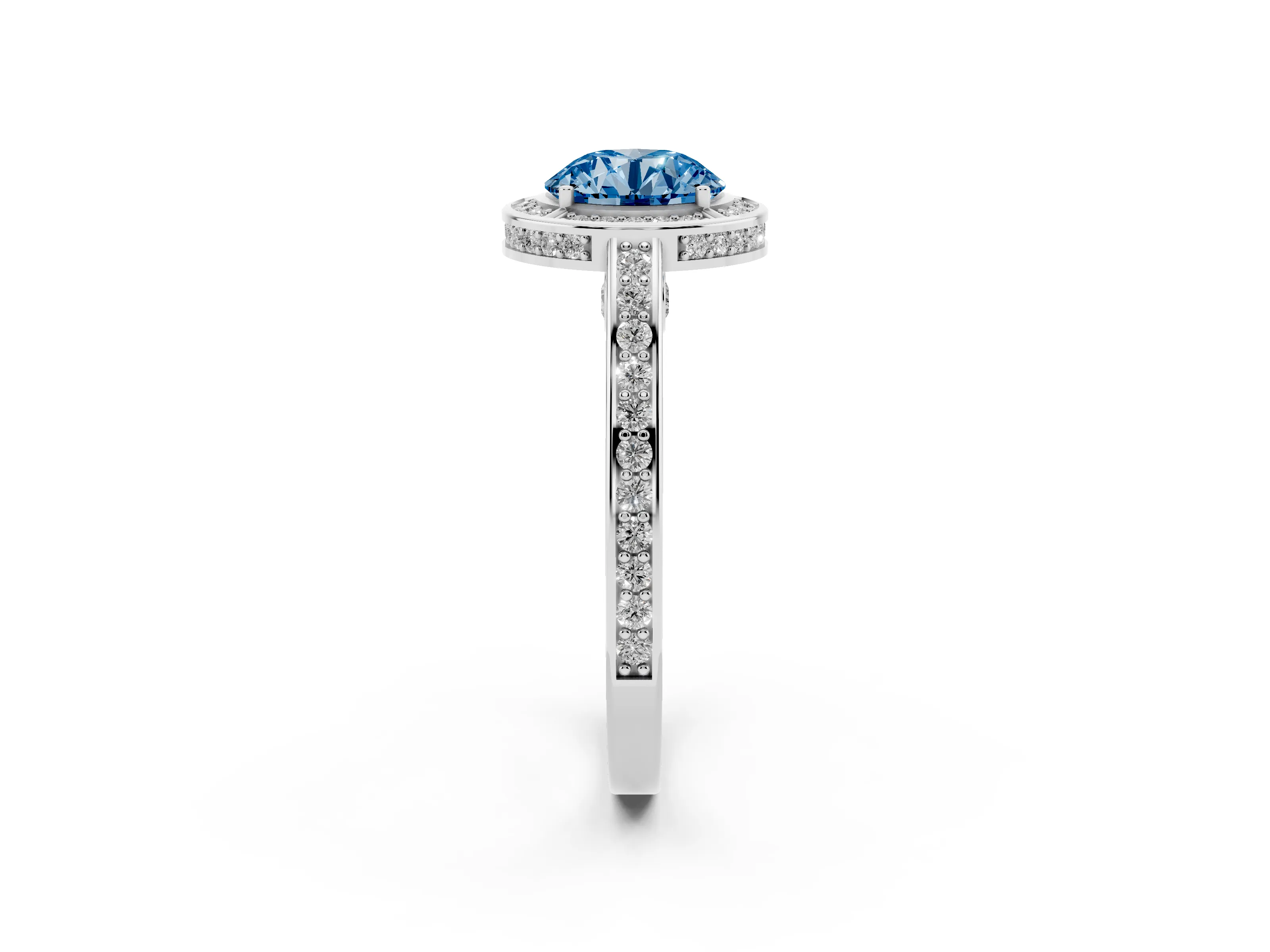 Fancy Blue Round Cut Diamond Halo Pavé Split Shank Ring Set in Platinum with Prong Setting