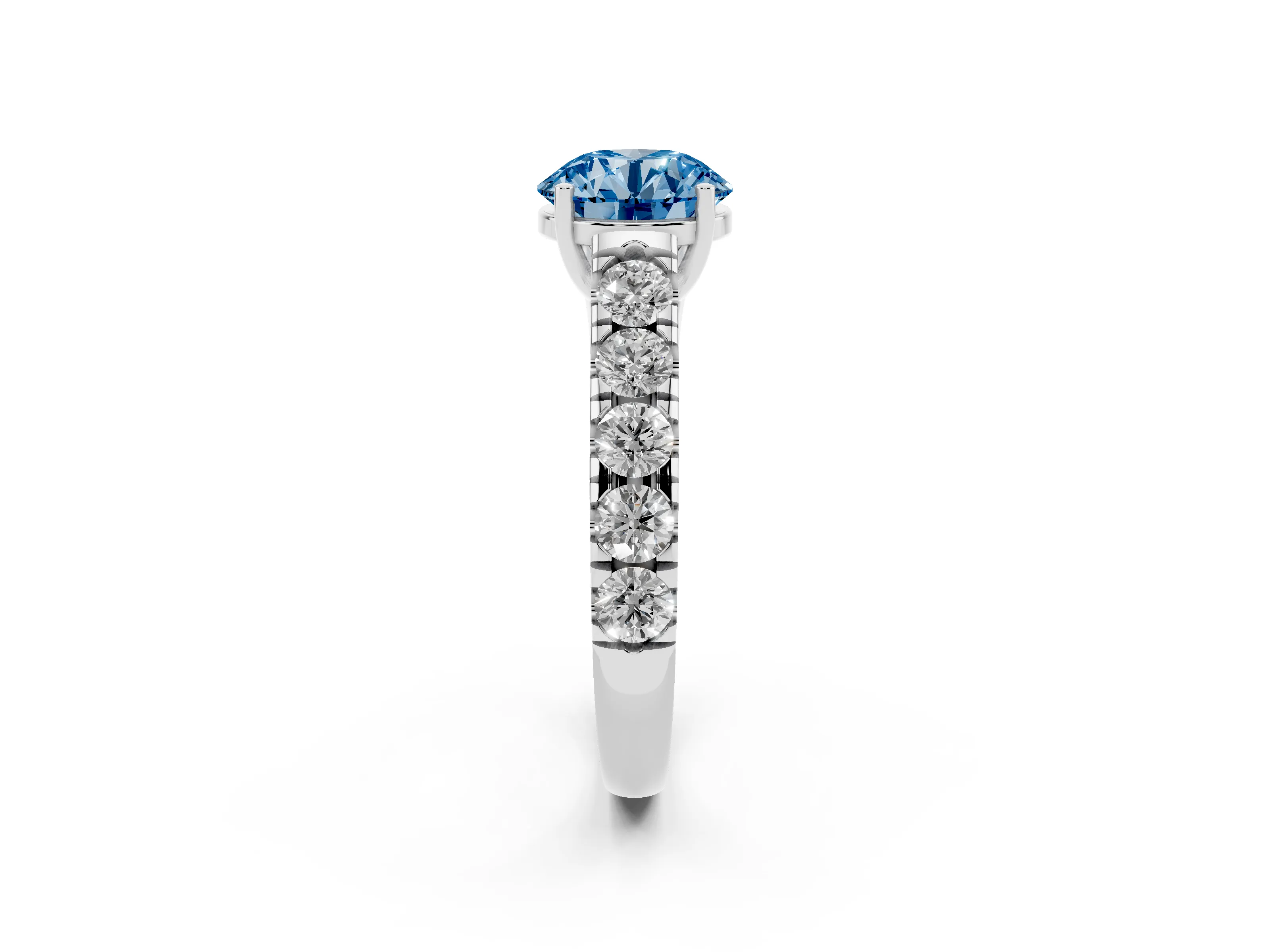 Fancy Blue Round Cut Diamond Solitaire Ring Set in Platinum with Cut-Down Micro Pavé Band and Prong Setting
