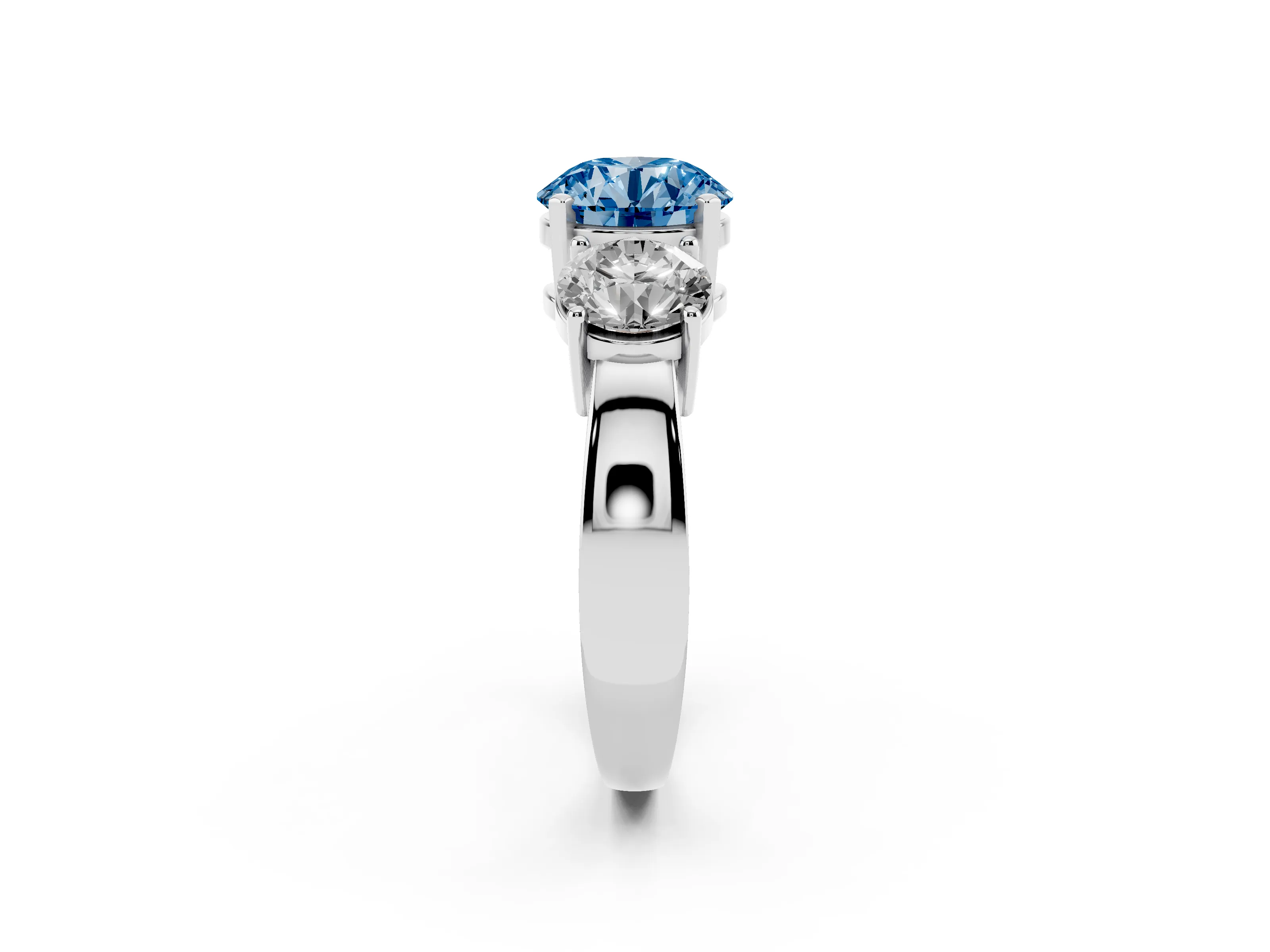 Fancy Blue Round Cut Diamond Three-Stone Ring Set in White gold with Round Side Stones and Classic Band