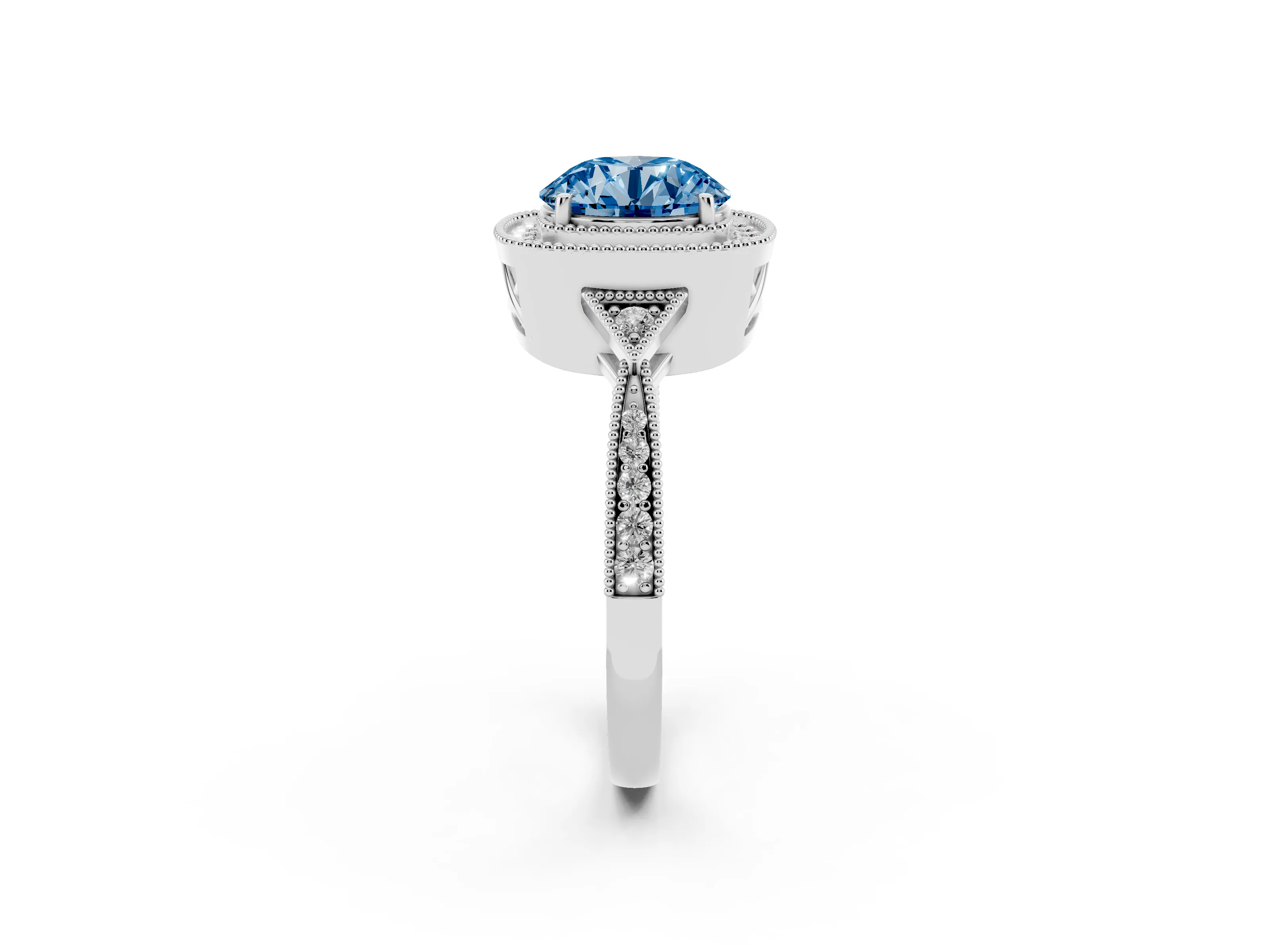 Fancy Blue Round Cut Diamond Halo Engagement Ring Set in Platinum with Milgrain Pavé Band