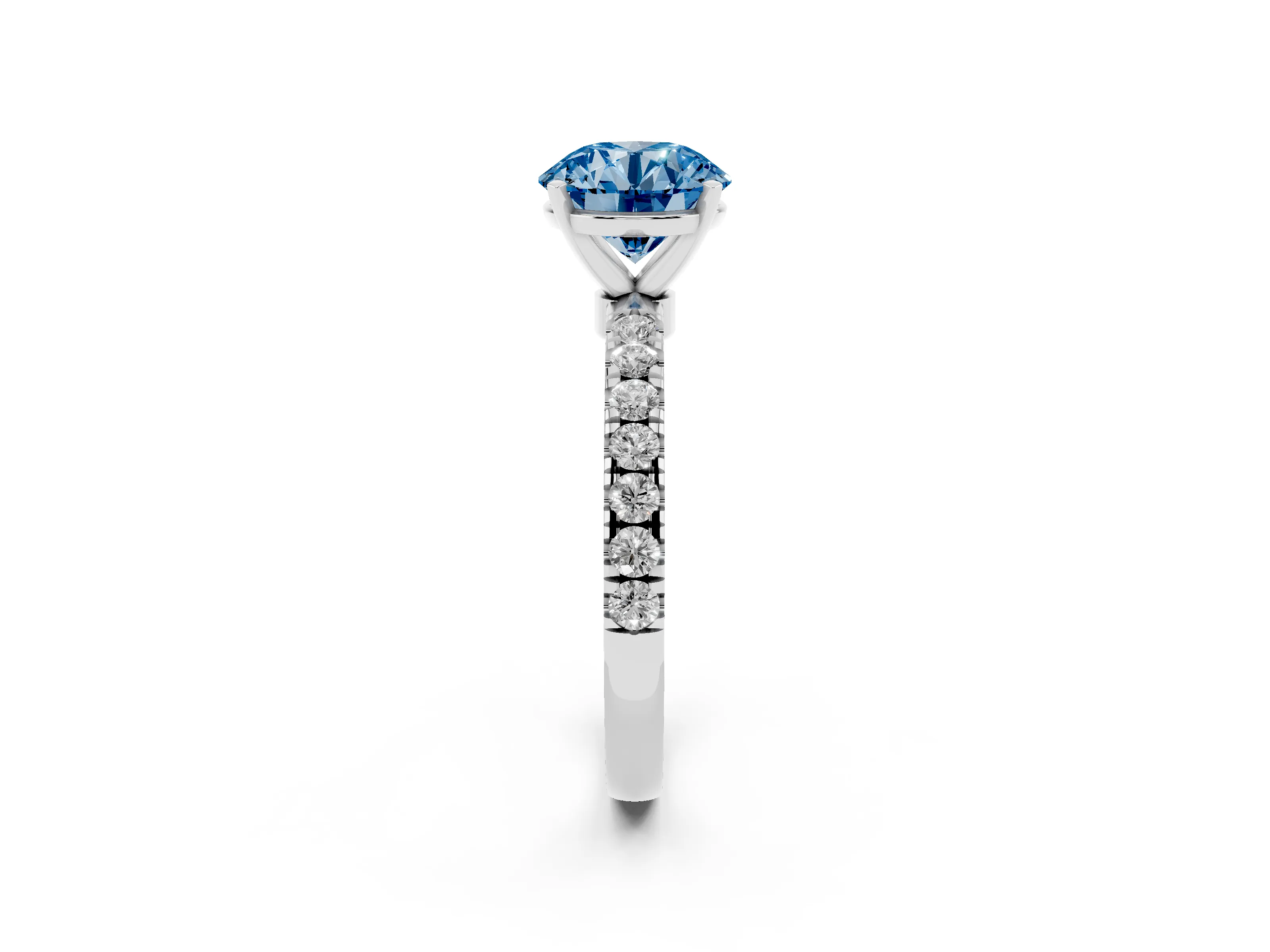 Fancy Blue Round Cut Diamond Solitaire Ring Set in Silver with Pavé Accents and Prong Setting