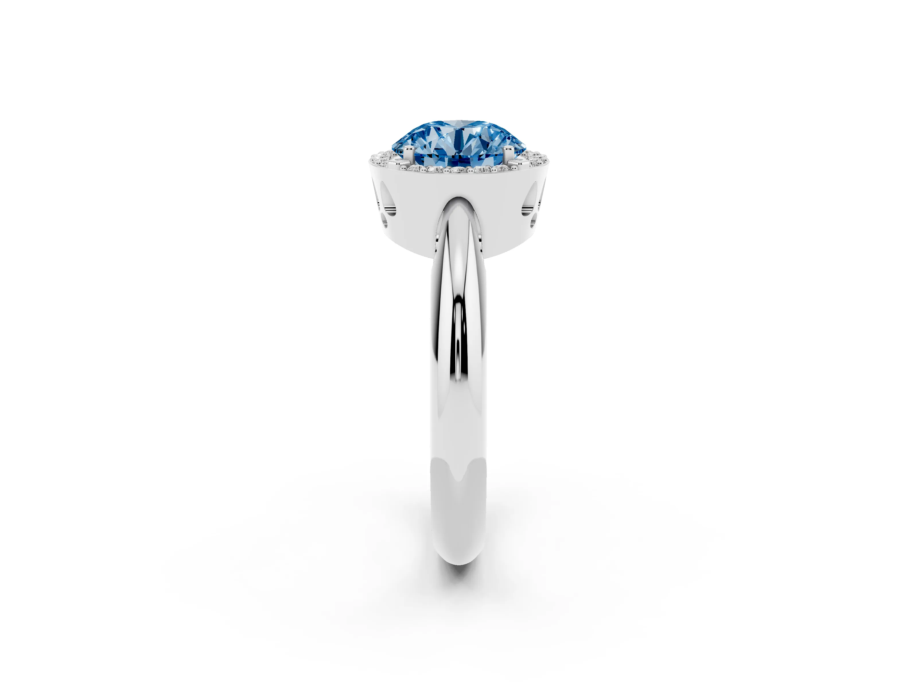 Fancy Blue Round Cut Diamond Halo Engagement Ring Set in Silver with Plain Split Shank and Prong Setting