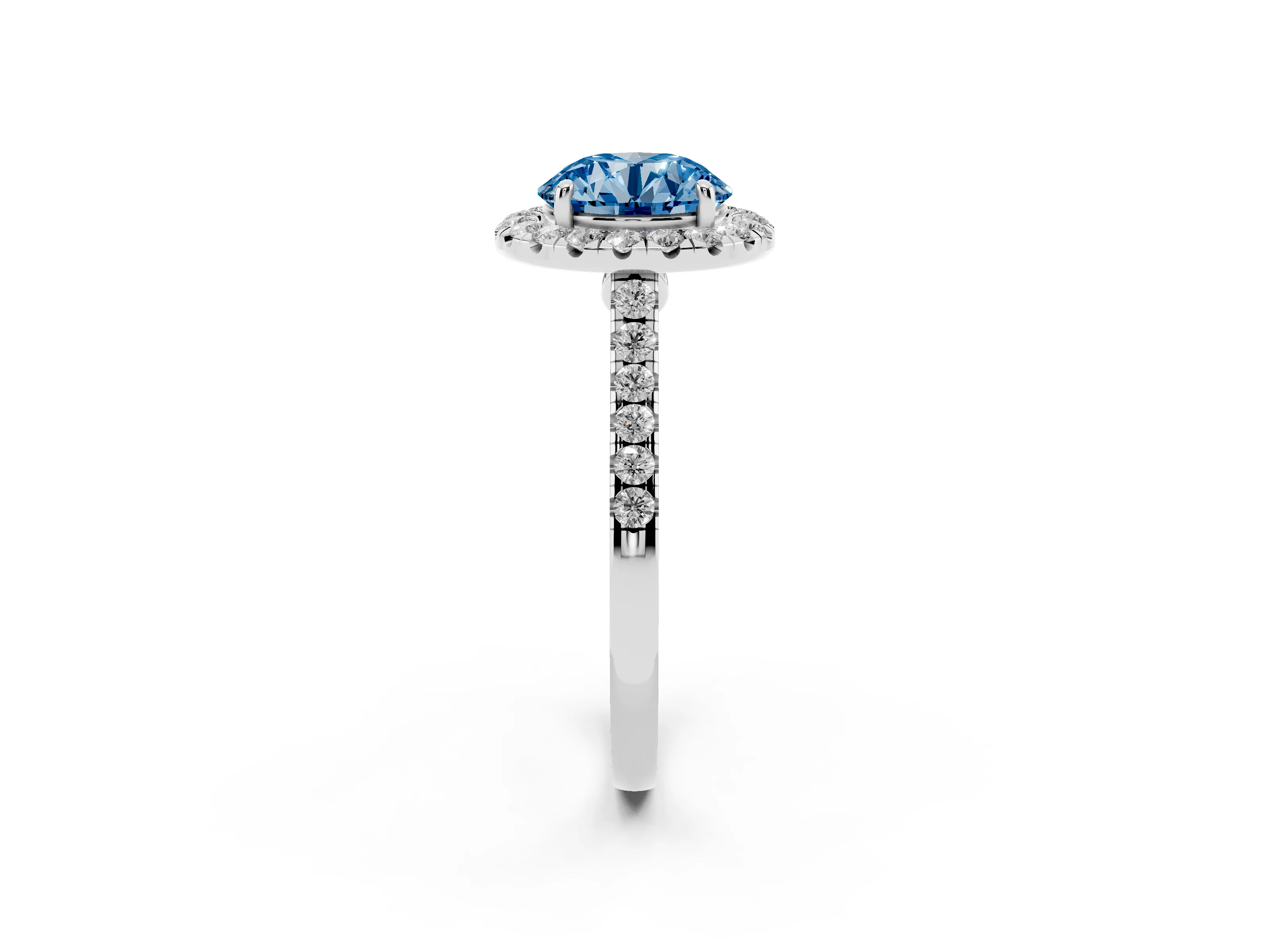 Fancy Blue Round Cut Diamond Halo Pavé Engagement Ring Set in White gold with Prong Setting