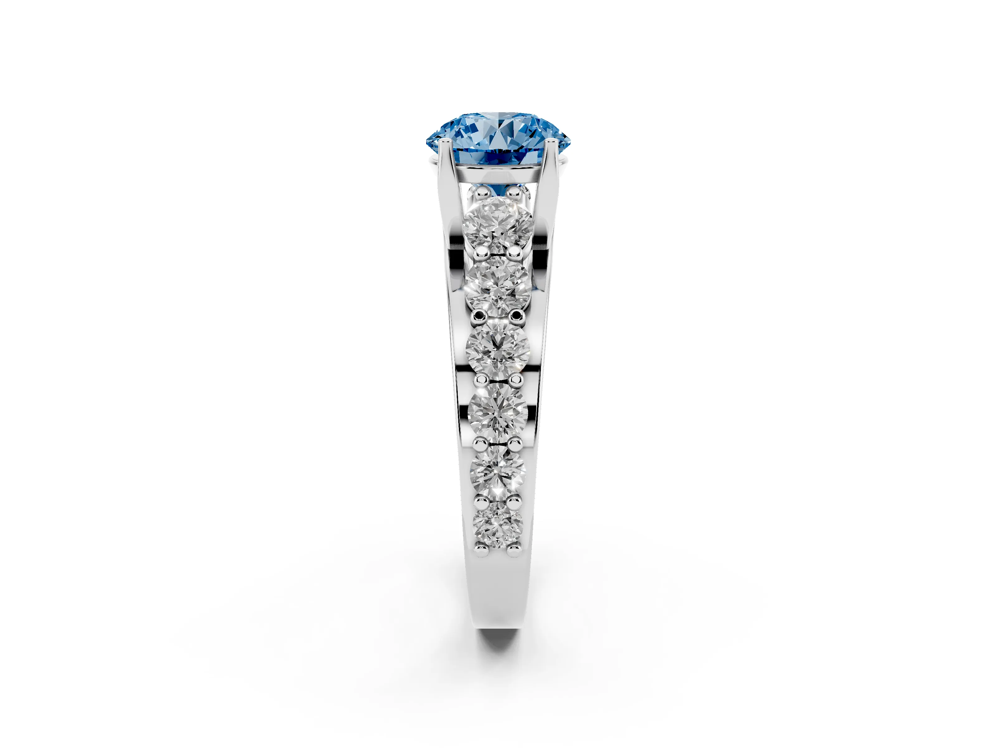 Fancy Blue Round Cut Diamond Pavé Engagement Ring Set in White gold with Prong Setting